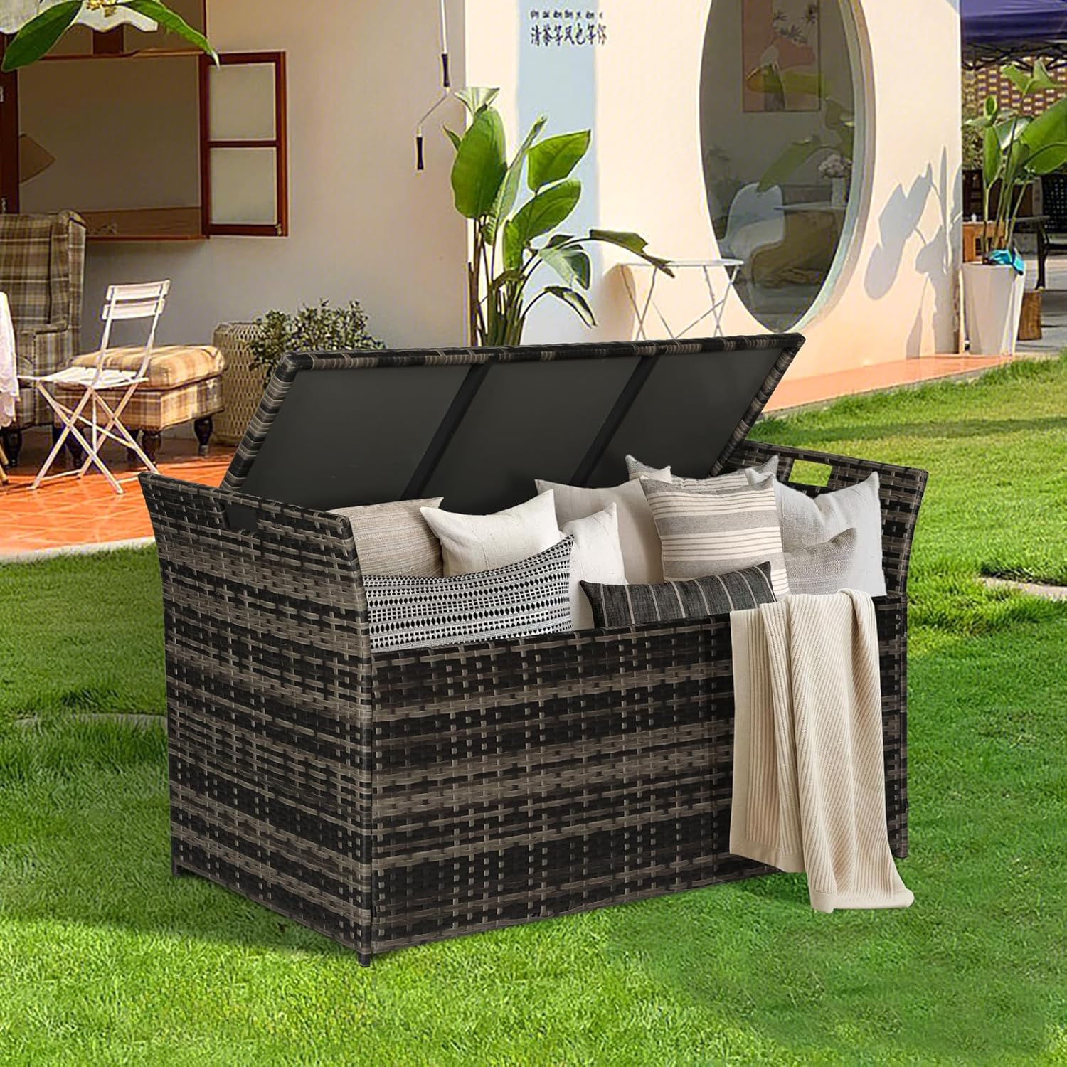 90 Gallon Outdoor Wicker Storage Bench with Cushion, Patio PE Rattan Deck Box with Handles (Gray), Grey