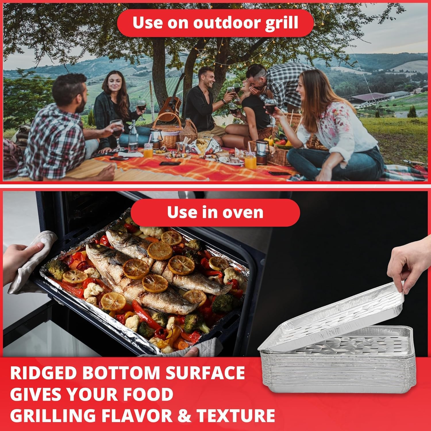 KAHEIGN 30 Piezas Bandejas Desechables para Barbacoa, 34CM x 23CM x 3CM Plato Perforadas de Aluminio para Asar a la Parrilla con Agujeros y Fondo Acanalado para Horno Carbón Barbacoa Asado Hornear