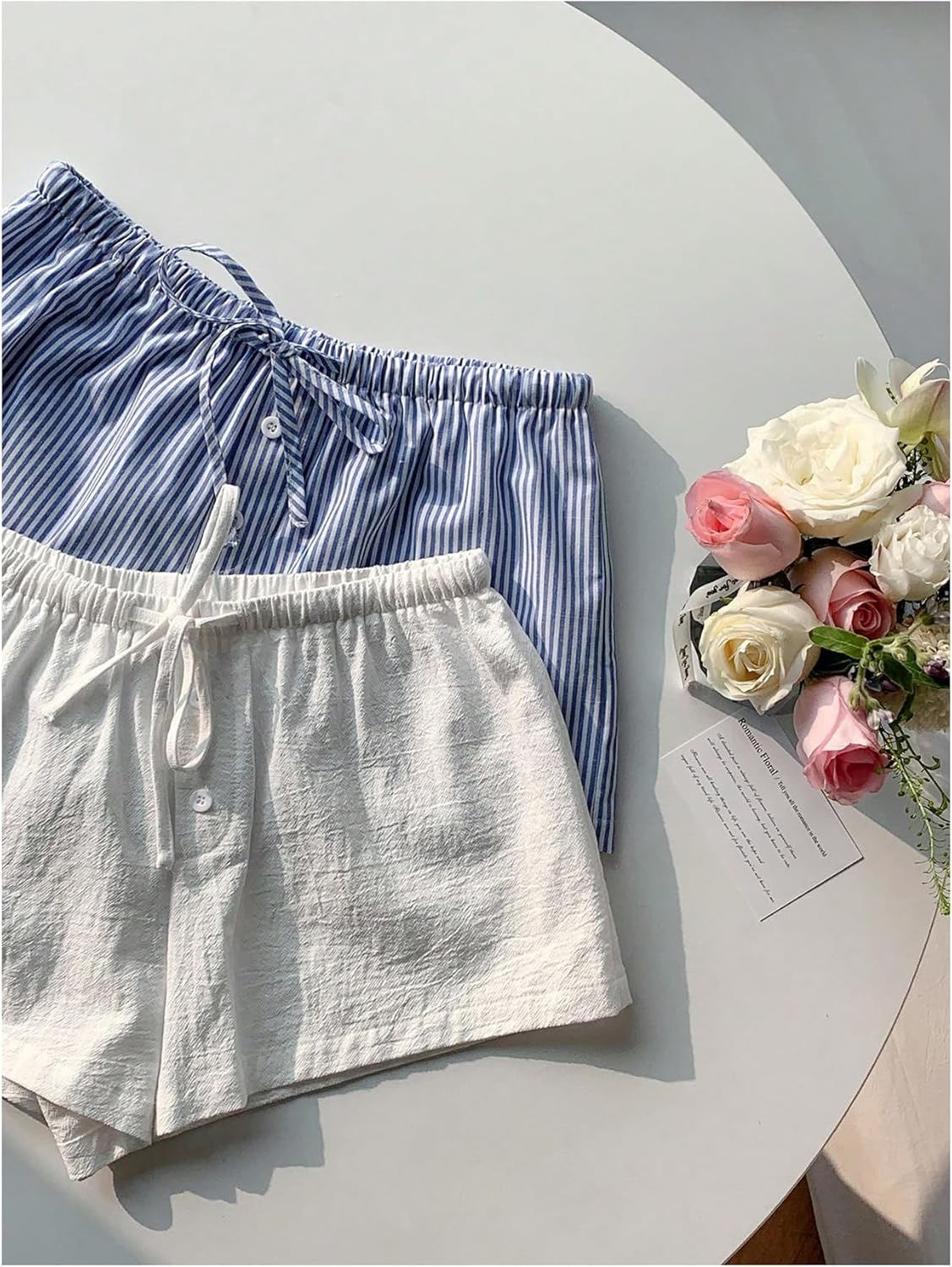 Women's 2 Packs Striped Linen Mini Shorts Drawstring Waist Button Front Lounge Shorts - Image 3