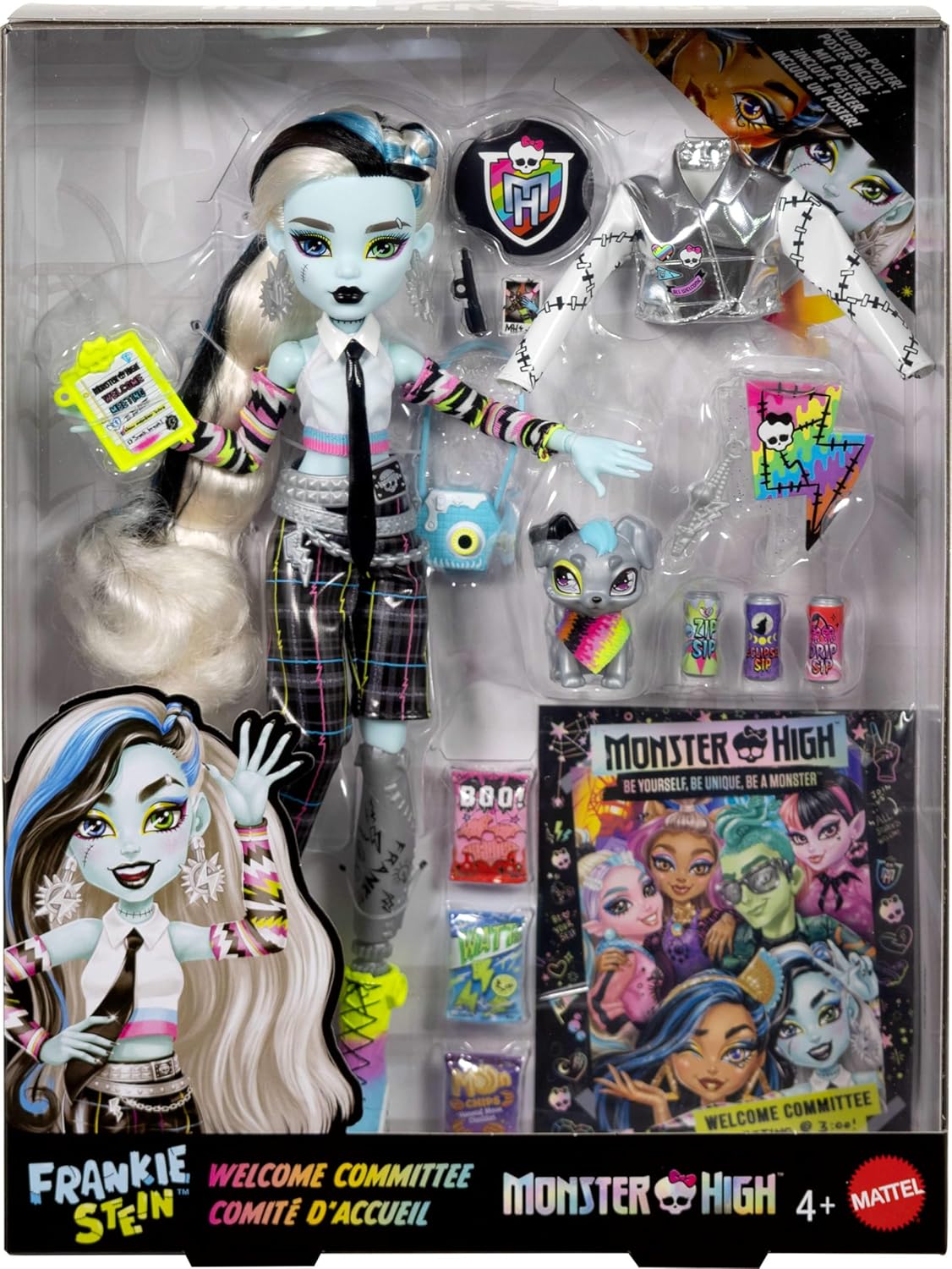 Monster High Frankie Stein Doll, Welcome Committee Set with 15 Accessories Including Poster, Sticker, Pet Watzit and More