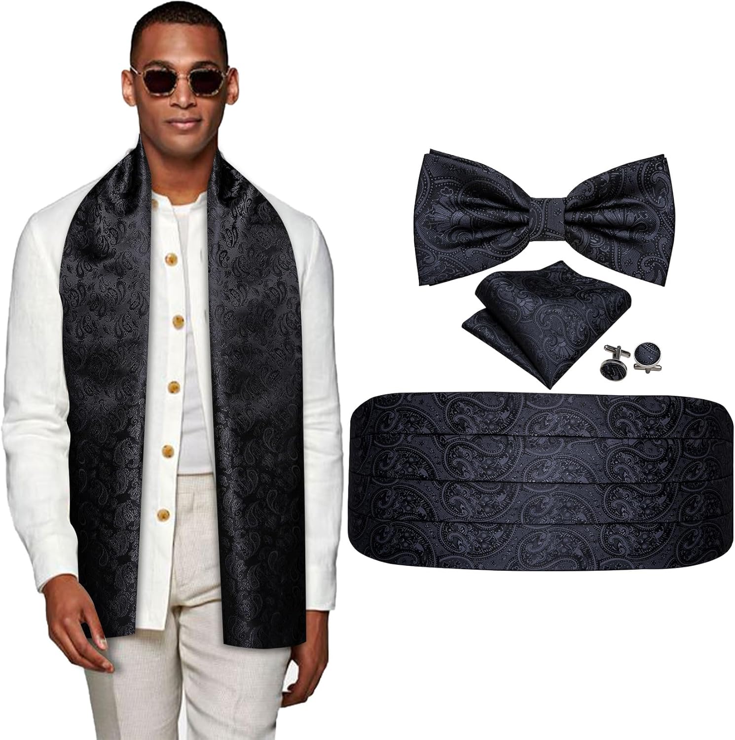 YOHOWA Black Scarf and Cummerbund Bow Tie for Men Paisley Silk Pre-Tied Bowtie Pocket Square Cufflinks Set Formal Wedding Party Prom Banquet