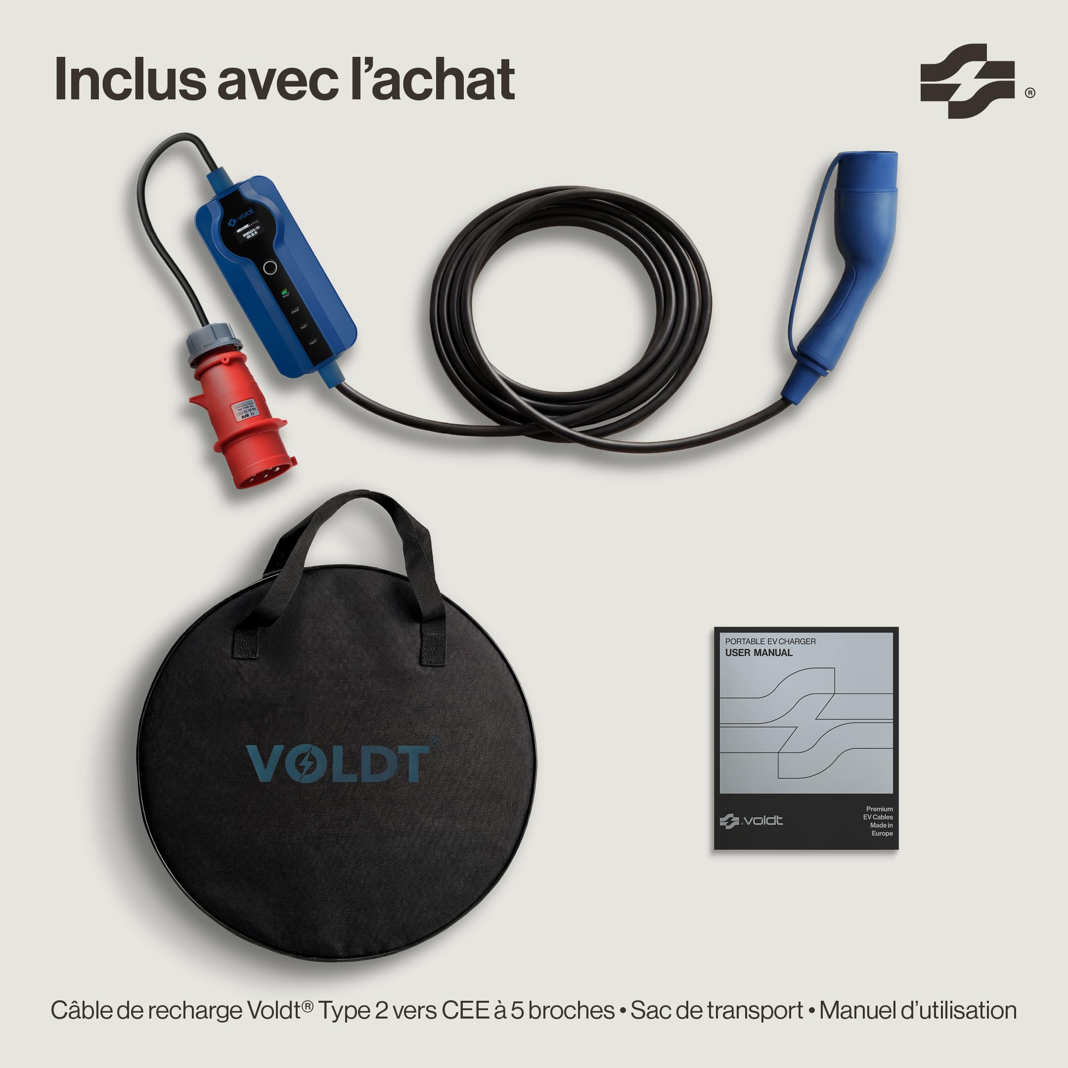 VOLDT Adaptateur Type 2 (borne de Recharge) vers Prise Schuko Type F 230 V, 3,7kW, 8–16 A + APP, étanche IP67, certifié CE/UKCA/TÜV (10 Length)