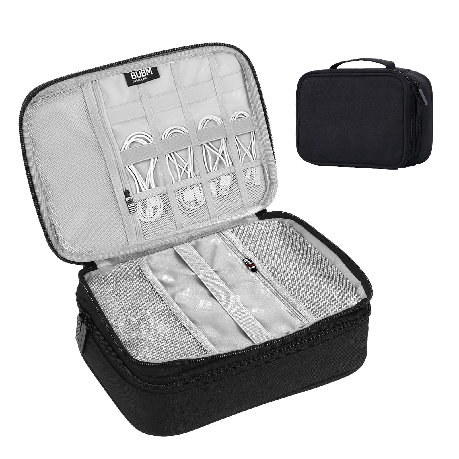 Extra Large Double Layer Travel Cable Organizer Bag, Portable Electronics Accessories Storage Case with 2 Compartments, Black