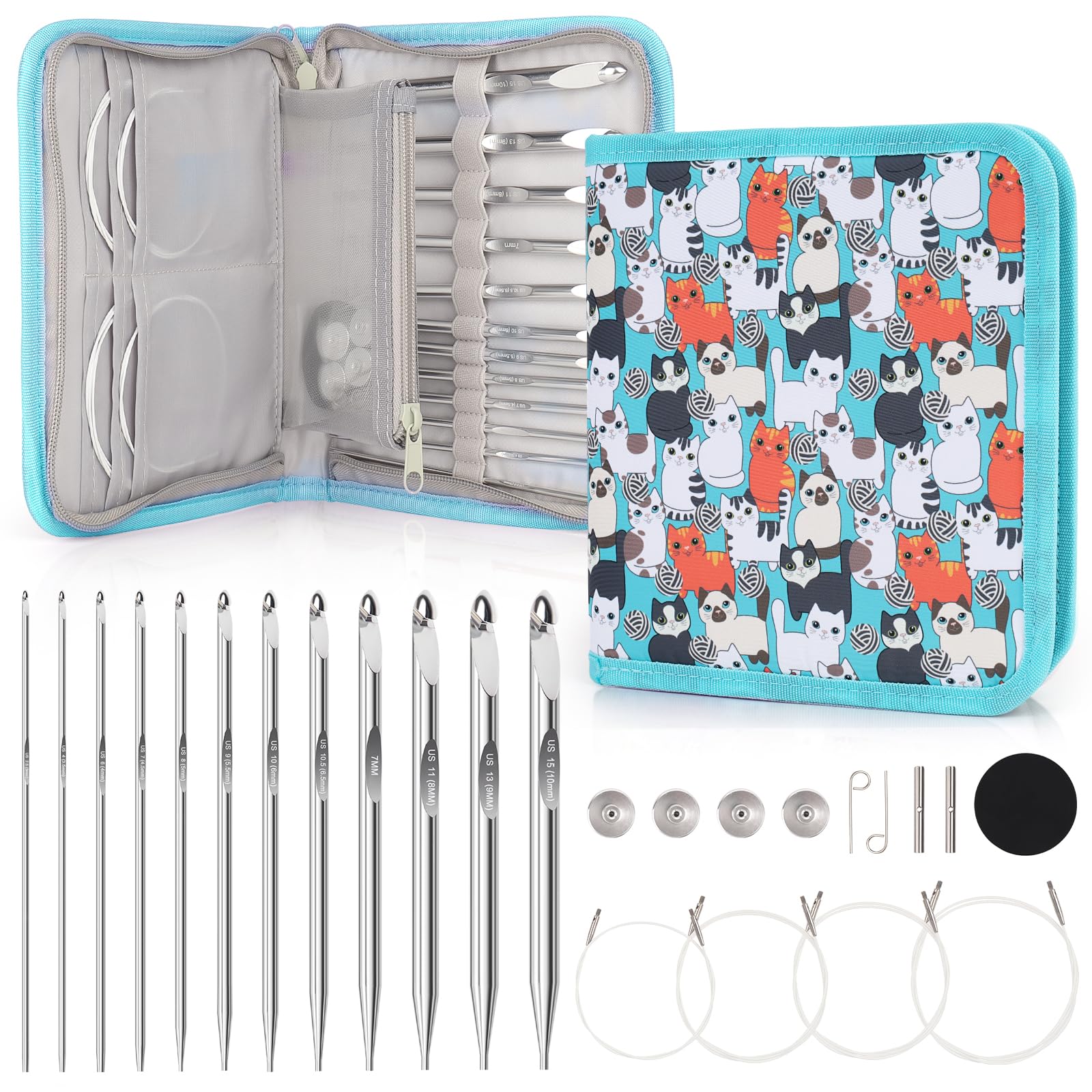 Coopay Set di 12 Uncinetti Tunisini Intercambiabili, 3,0-10,0mm con Filo da 40/60/80/100 cm, Uncinetto per Principianti e Professionisti, Uncinetto Afgano per Tappeti, Maglioni, Sciarpe, Blu