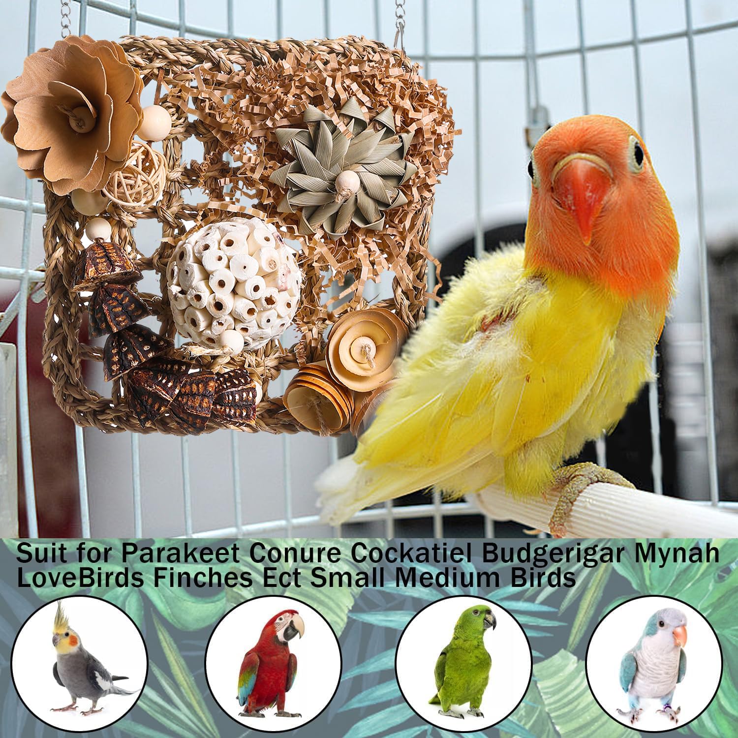Bird Foraging Wall Toy, Seagrass Woven Climbing Hammock Mat with Chewing Toys,Parrot Shredding Hanging Toys for Cockatiel Lovebird Parakeet Budgie Small-Medium Birds (Small) - image 6