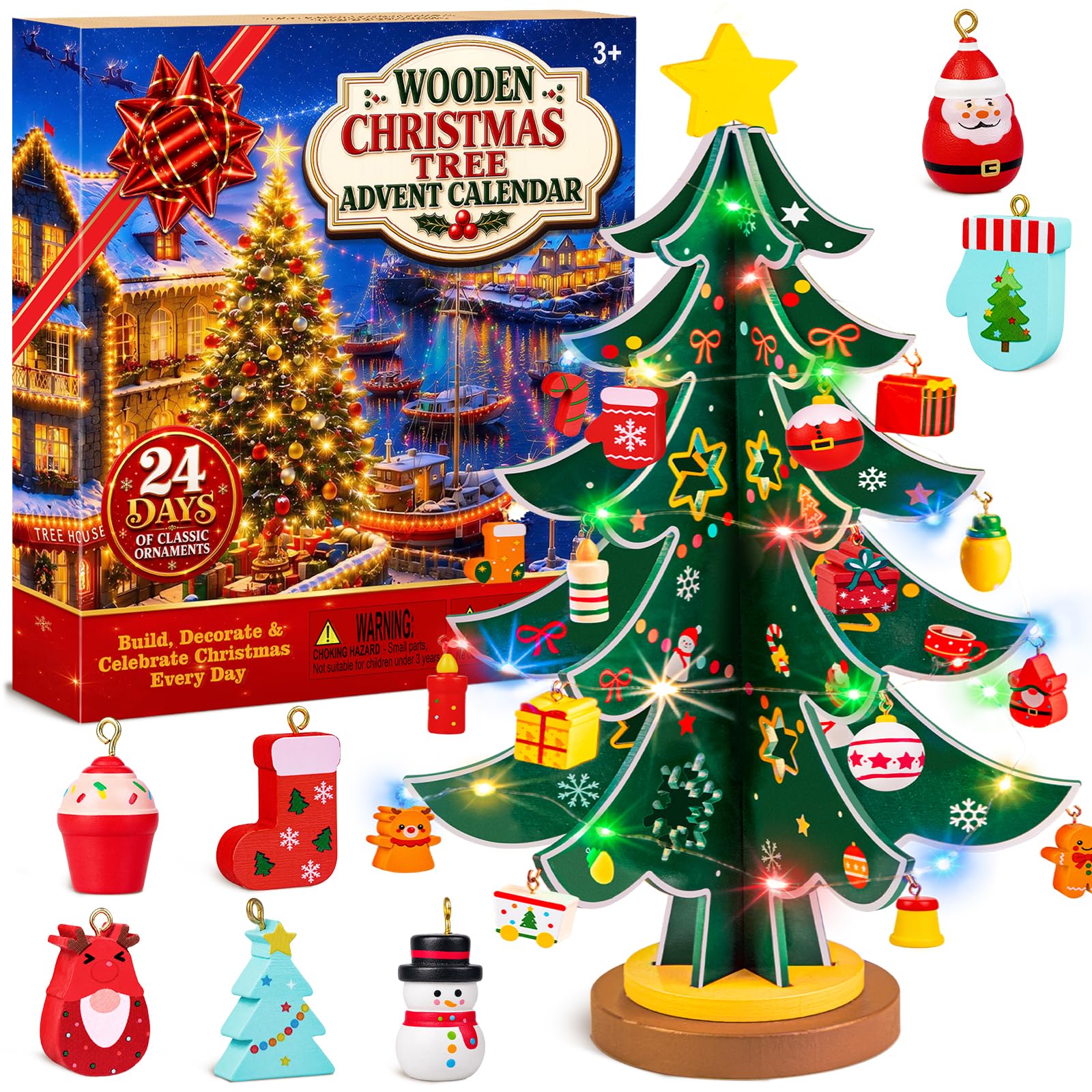 Christmas Tree Advent Calendar 2026 for Kids Adults, 24 Day Countdown Gift | Decorate a Wooden Christmas Tree with Colorful LED Lights, 24 Ornaments, Sturdy Base, Fine Craftsmanship and Xmas Gift Ready