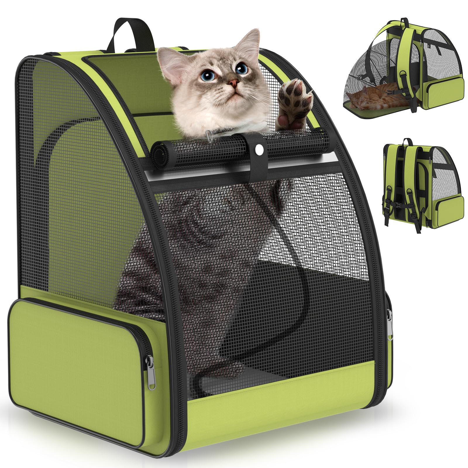 Cat Backpack Carrier for Travel Hiking: Expandable Foldable Breathable Mesh Soft Sided Ergonomic Design Small Dog Puppy Kitty up to 15lbs Camping Outdoor Green
