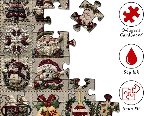 Miniatura 3 de Rompecabezas vintage de Navidad para adultos de 1000 piezas, rompecabezas de arte de tela bordada para adultos, collage retro de invierno,