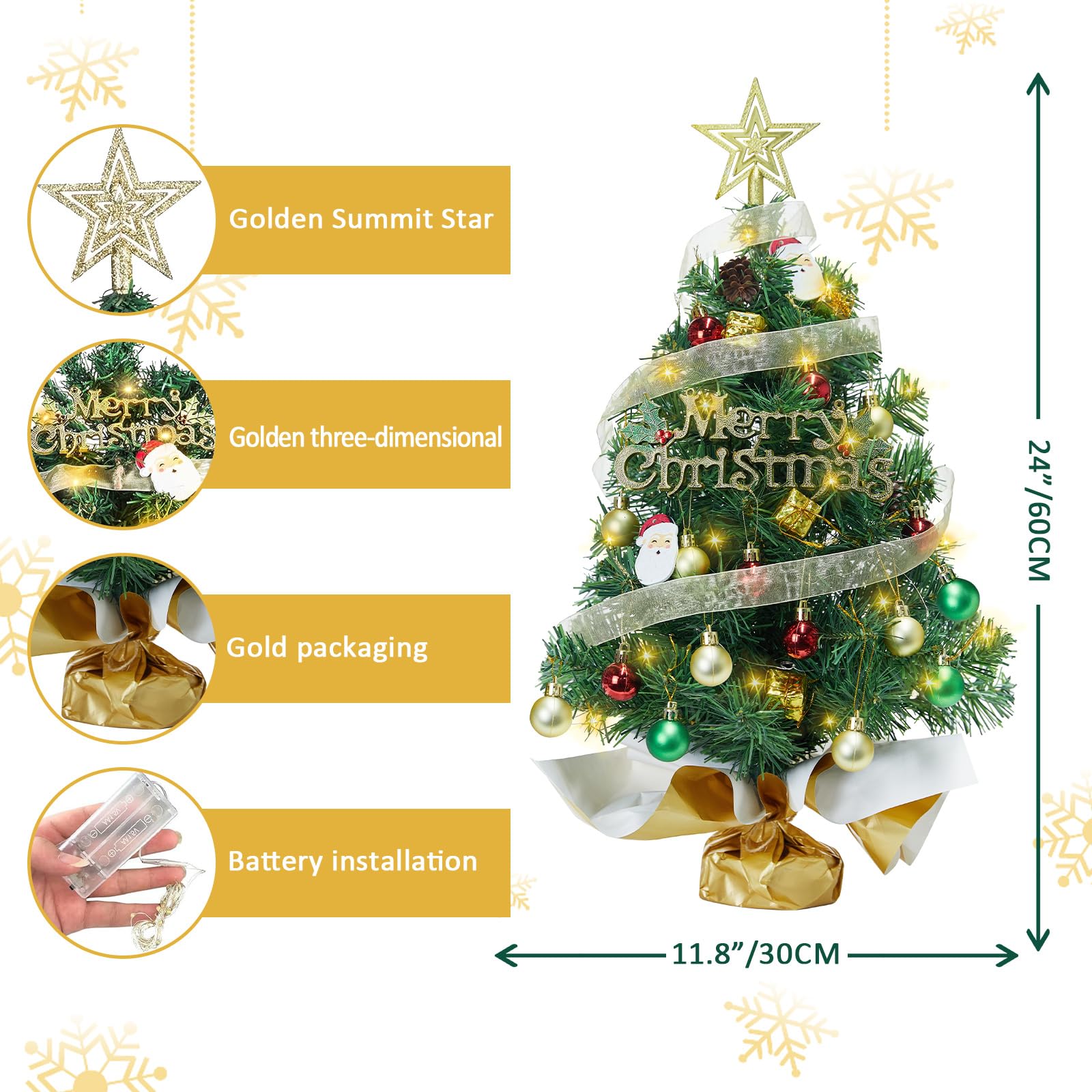 Petit sapin de Noël artificiel pré-éclairé avec 50 lumières LED - 61 cm / 61 cm - Boîtes cadeaux et décorations à suspendre pour décoration de Noël à faire soi-même (alimenté par piles)