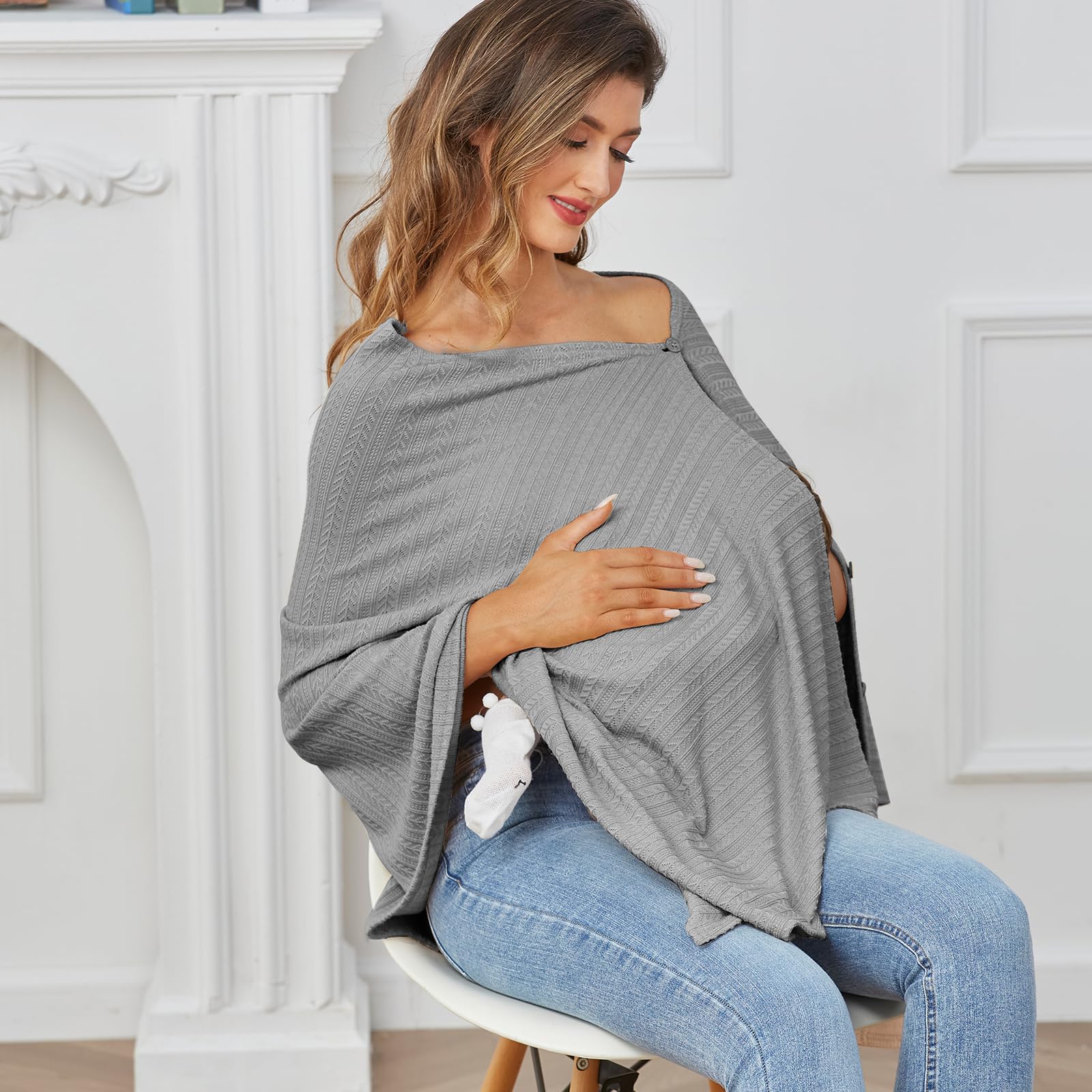 Funda de lactancia para lactancia del bebé, cubierta de lactancia de punto, manta cálida y acogedora, transpirable y suave, cuello ancho con elástico para una fácil visión (gris)