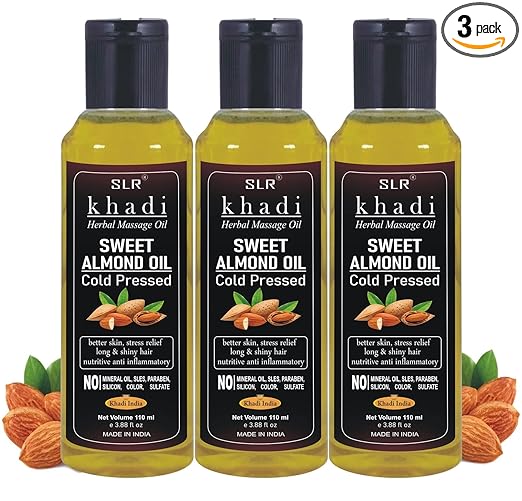 SLR Khadi Sweet Almond Cold Pressed Oil - Badam Oil For Skin, Hair Care & Baby Massage Herbal & Natural Hair Oil - 110 ml (Pack of 3)