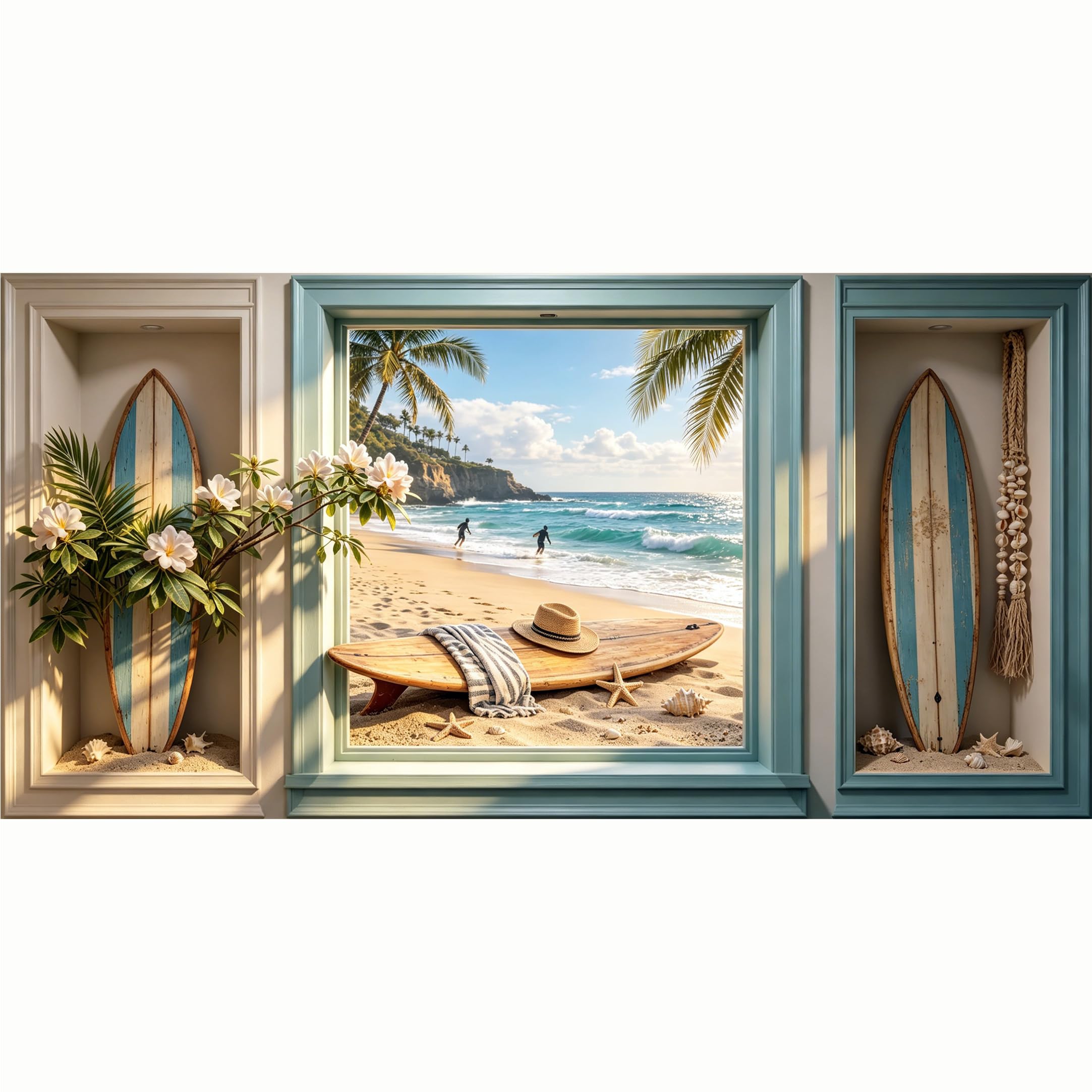 QZLITHOTIC 50x100cm 3D Framed Wall Art， Coastal Surfboard Ocean View Tropical Beach Self‑Adhesive Mural， Water‑Activated Peel & Stick Fabric Decor Wall Decal for Bedroom Living Room