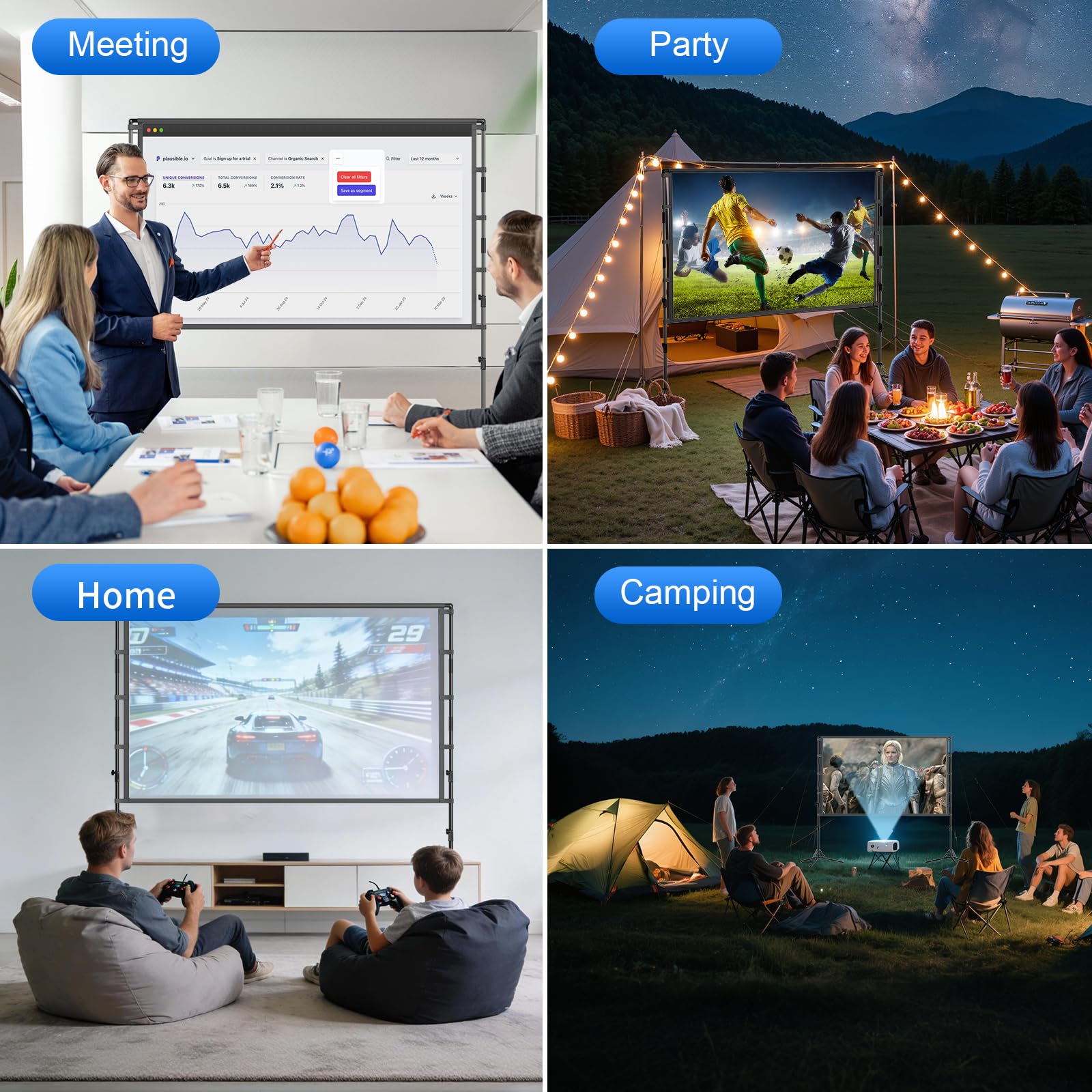 GAINVANE Écran de projection portable 120" 4K HD infroissable et léger avec support 16:9 pour intérieur et extérieur, écran de film sans plis en polyester mat, montage au sol, projection avant