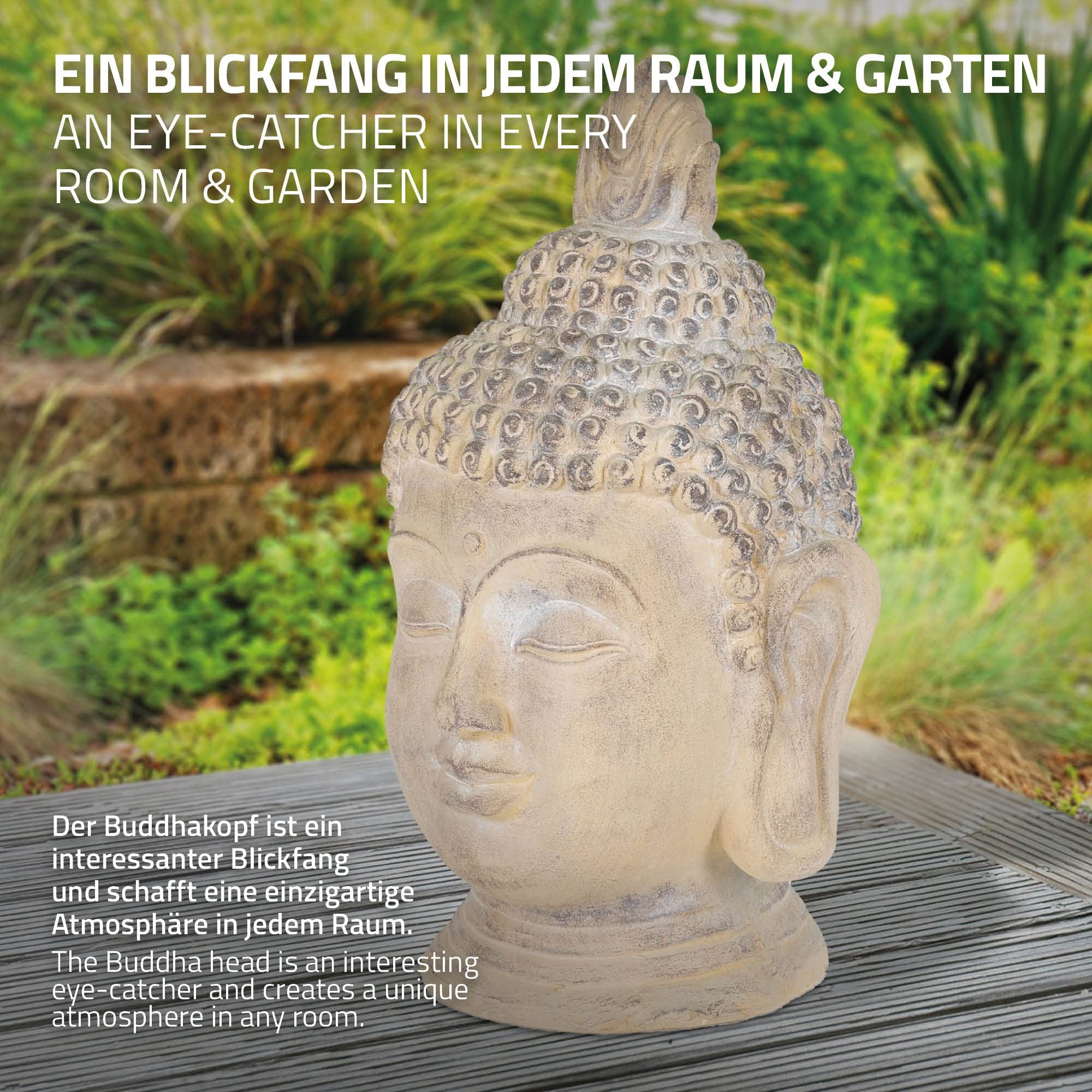 ECD Germany Figurka Buddy, 78 cm, beżowy/szary, sztuczny kamień z żywicy poliestrowej, głowa statuetka rzeźba dekoracyjna Feng Shui, figurka ze sztucznego kamienia, dekoracja ogrodowa, Azja, obiekt