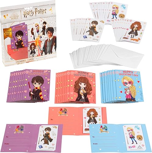 Harry Potter Tarjetas del día de San Valentín con calcomanías para niños, paquete de 28 tarjetas y sobres, personajes de anime de Harry, Hermione y