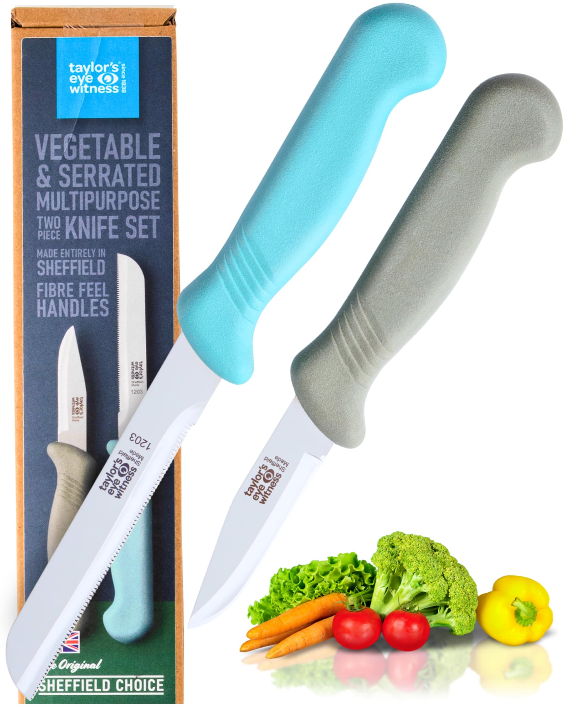 Taylors Eye Witness Sheffield Made Vegetable Knife & Multipurpose Knife - Set of 2 Heavy Duty & Razor Sharp Kitchen Knives with Ultra Fine Precision Ground Stainless Steel Blade & Fibre Grip Handle