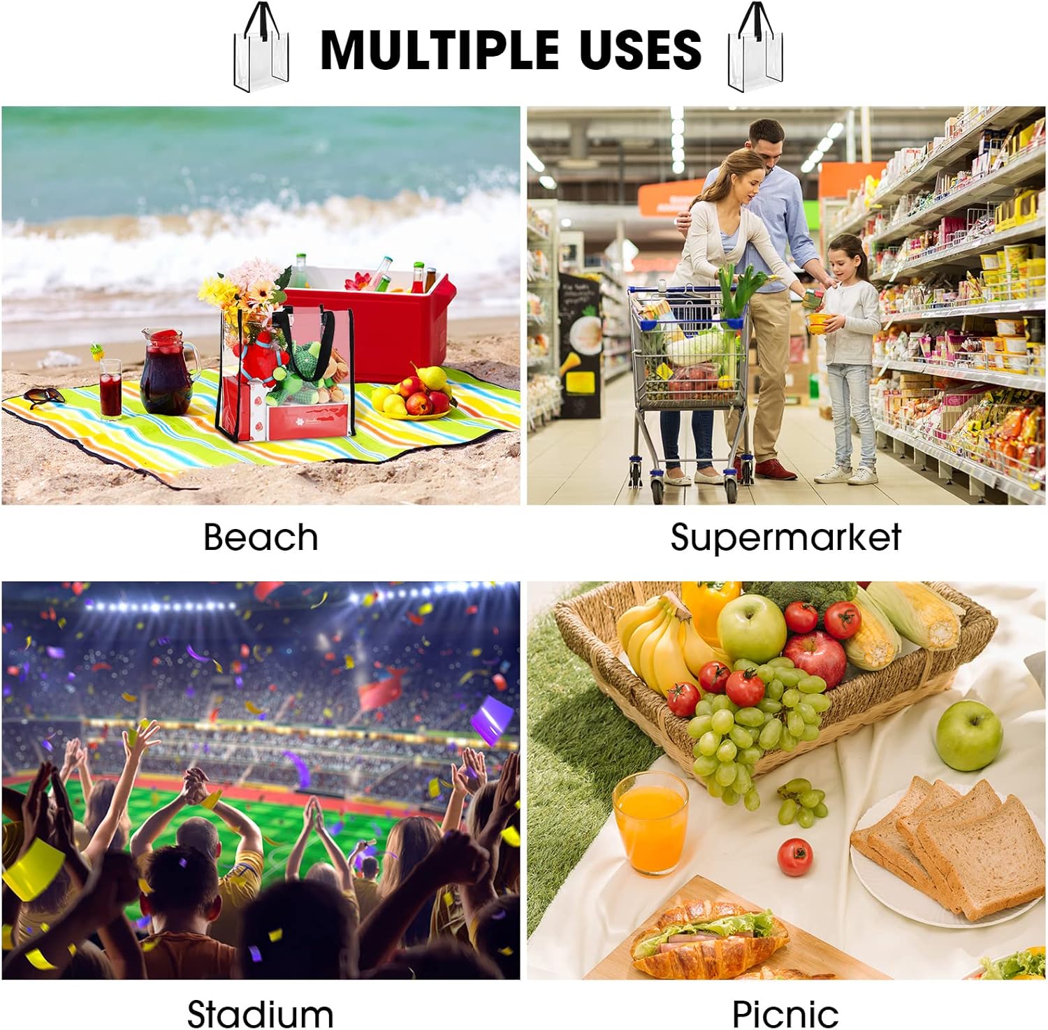 12 Pcs Bulk Stadium Approved Clear Tote Bags 12 x 12 x 6 Inch Large Clear Plastic Tote Bag with Handles for Work Sports