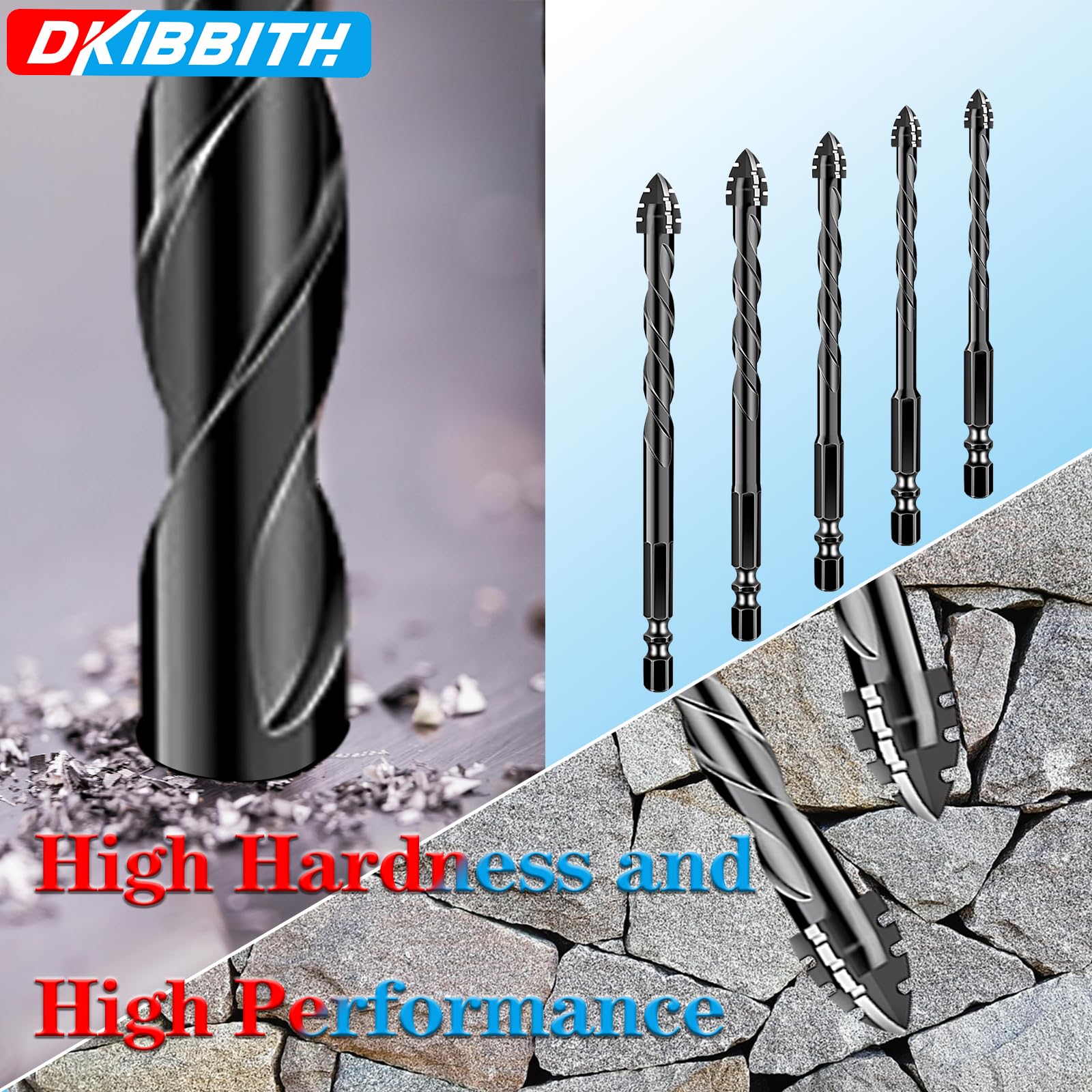 DKIBBITH Set di punte seghettate per muratura a 4 scanalature (10 pezzi, nero), da 3/16" a 1/2" per cemento, piastrelle, mattoni, vetro, ceramica