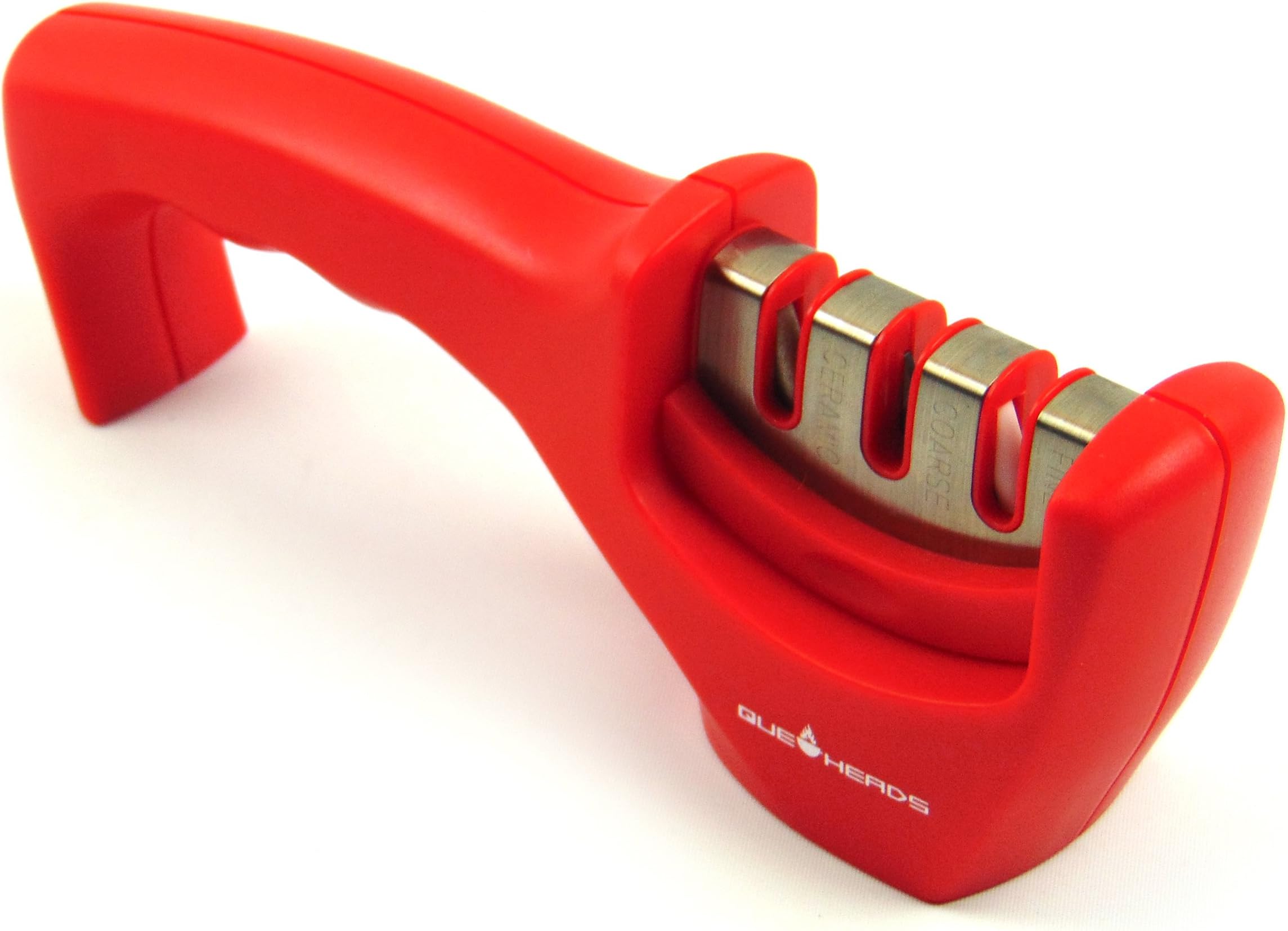 Que Heads Knife Sharpener - Professional 3 Stage Sharpening System for Both Steel and Ceramic Knives in All Sizes