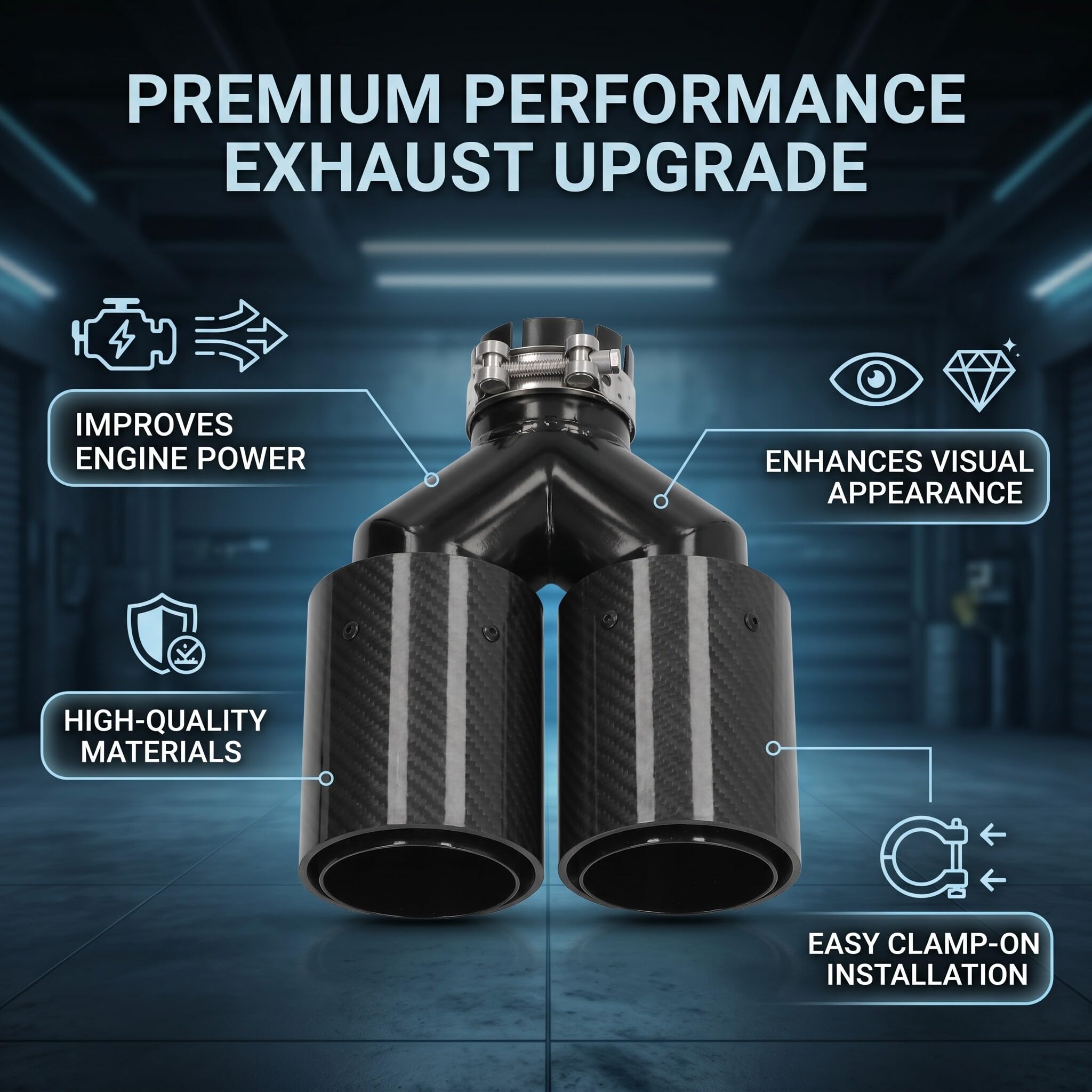 Embout d'échappement en Y Double Sortie 63-93mm Côté Gauche Carbone Aspect Noir Mat Acier Inoxydable