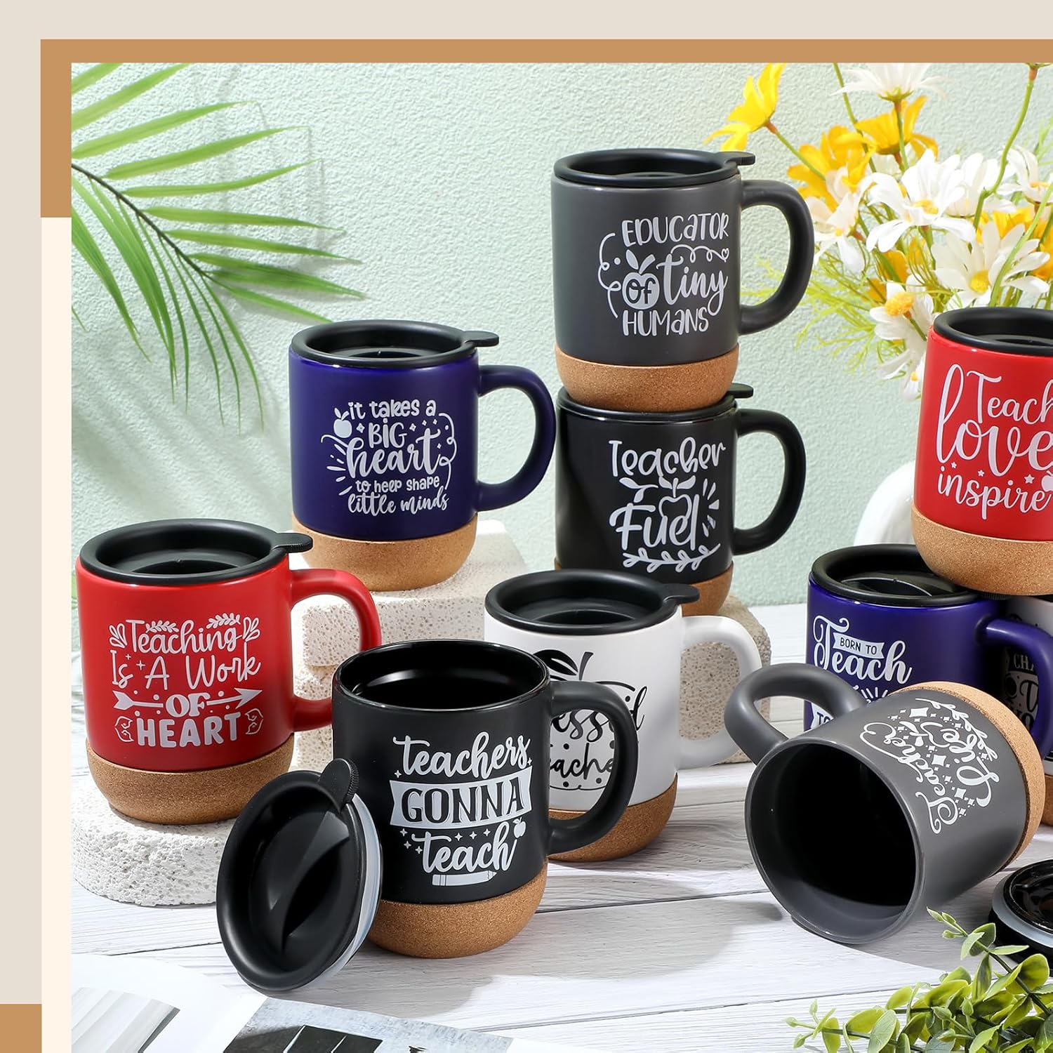 Didaey 10 Pcs Teacher Appreciation Gifts Teacher Mugs Bulk 12 oz Ceramic Coffee Cups with Lid and Cork Base End of the Year Teachers Gifts Thank You Mugs for Women Men(Art Style,Multi-color)