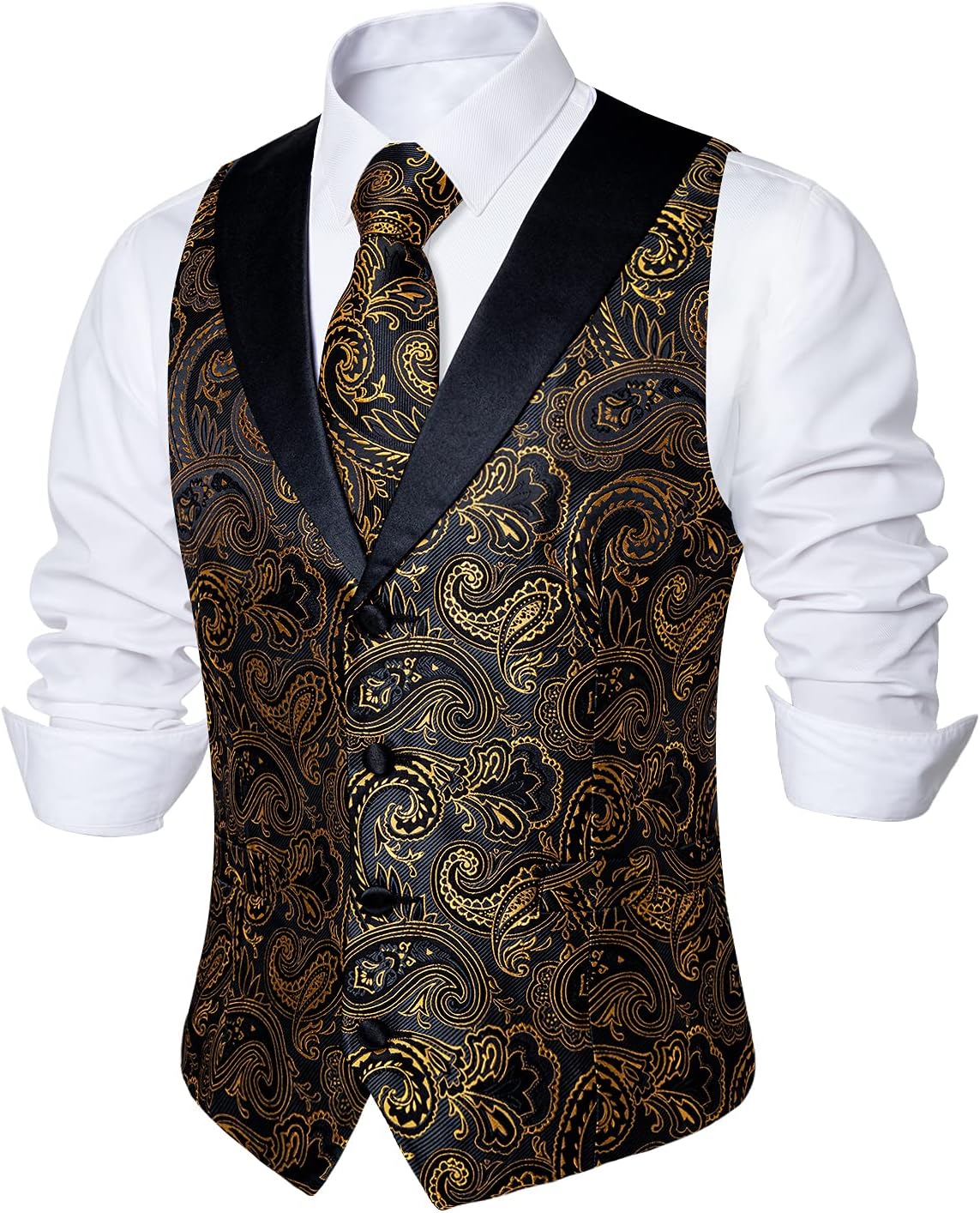 DiBanGu Mens Paisley Suit Vest Silk Jacquard Waistcoat and Necktie Set Formal Shawl Collar Dress Vest 7PCS for Wedding Party - Image 4
