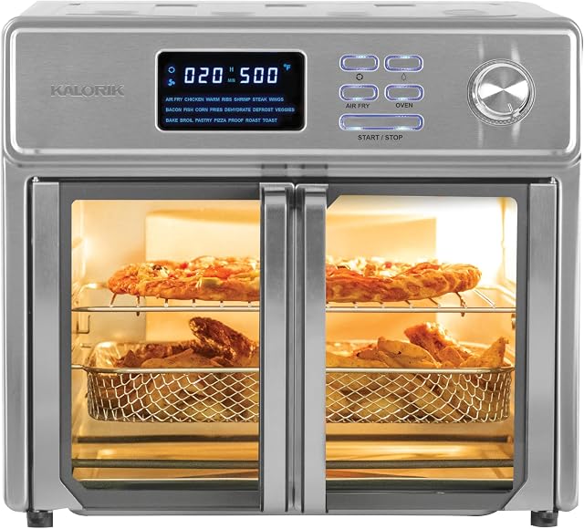 Kalorik MAXX® Numérique Air Fryer Oven, 26 Quart, 10-in-1 Four à grille-pain de comptoir & Air Apéritif Combo-21 Préréglages jusqu'à 500 Degrés, y compris 9 Accessoires & Livre de cuisine, 26-Quart, Acier inoxydable
