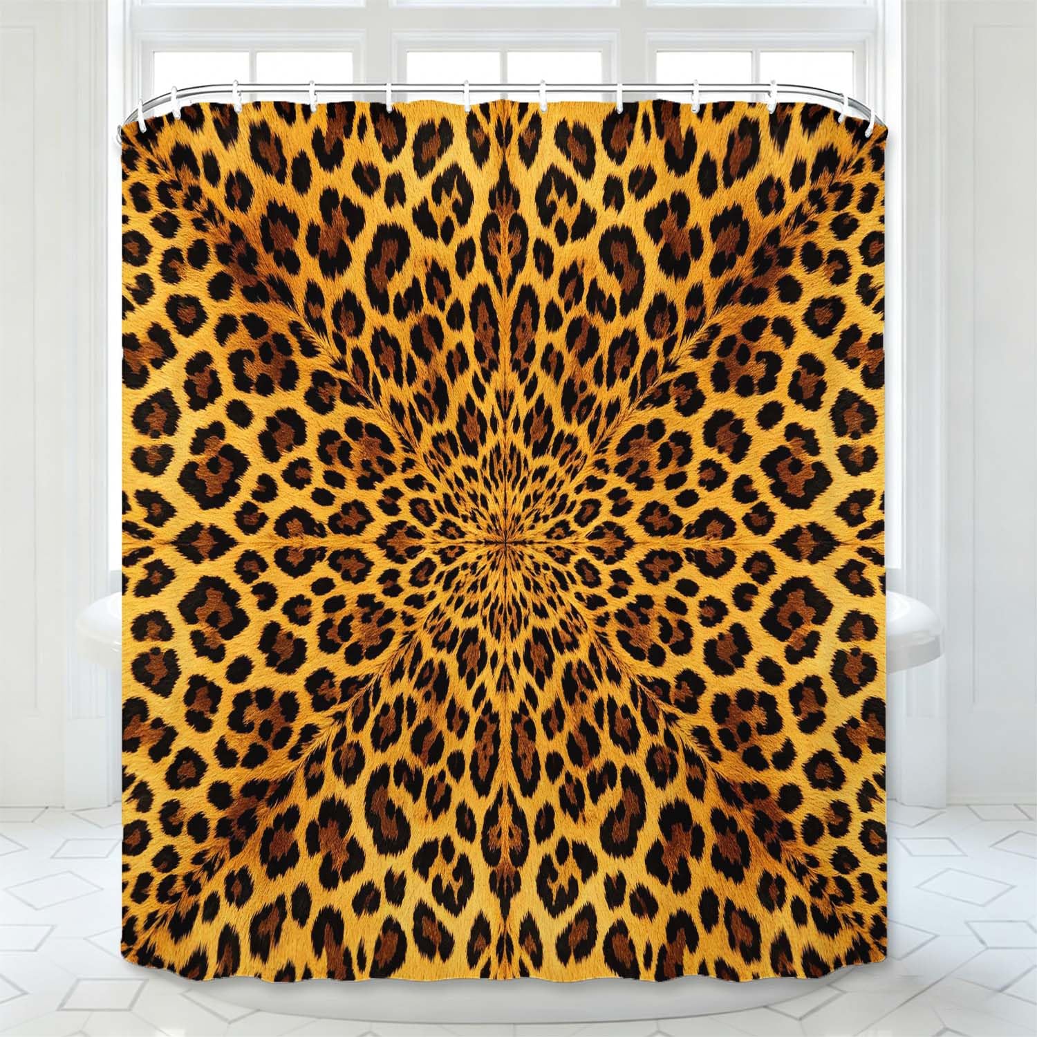 Rideau de Douche Anti Moisissure Imprimé Léopard, Rideau de Bain Mode 3D Rideaux de Douche en Polyester, Imperméable, Lavable en Machine, avec Crochets, 300 x 200 cm 1771-YLP