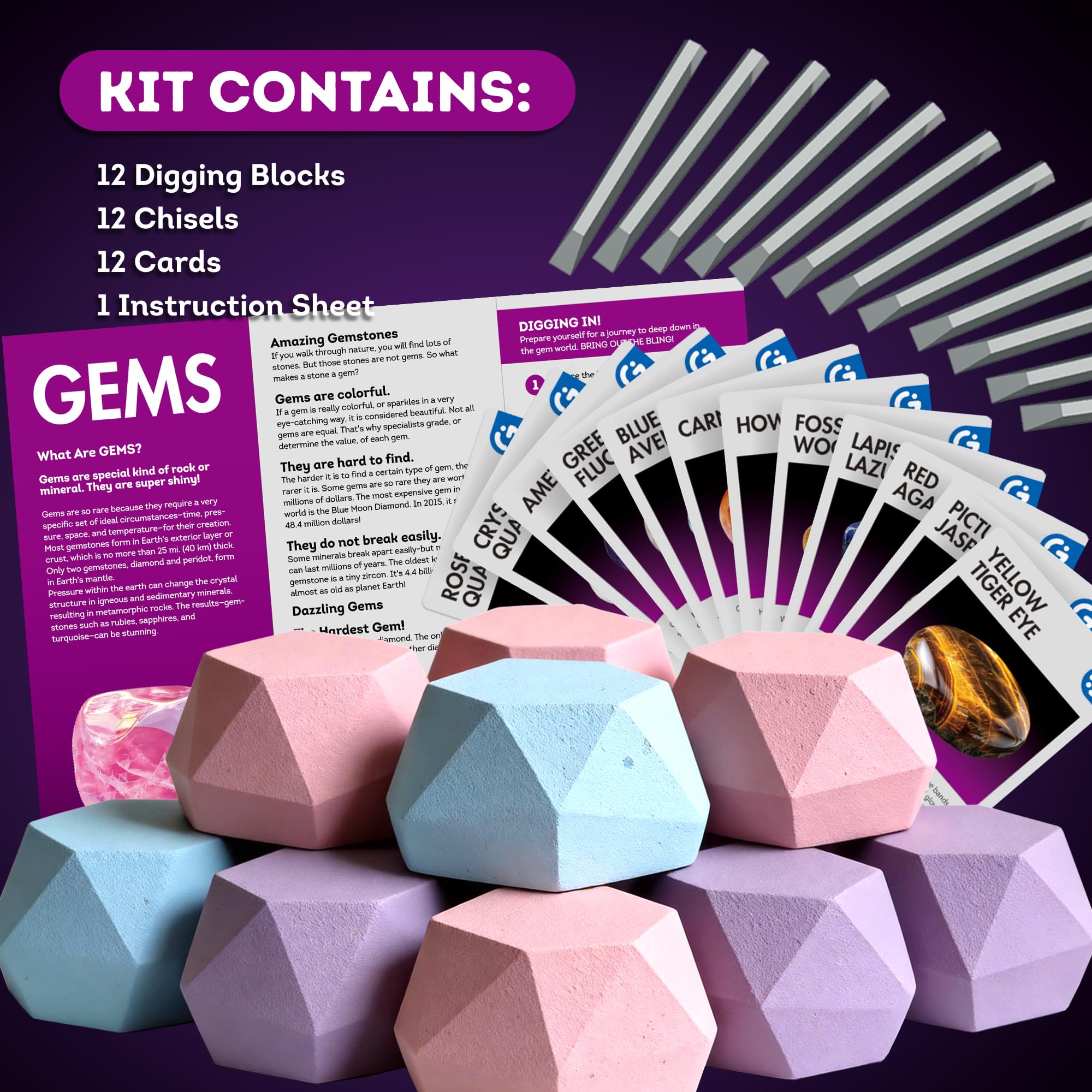 Gamerside Kit Excavation Enfant – 12 Pierres Précieuses Naturelles à Déterrer avec 12 Cartes d’Apprentissage, Coffret Pierre Précieuse Enfant Éducatif, pour Garçons et Filles de 6 à 12 Ans