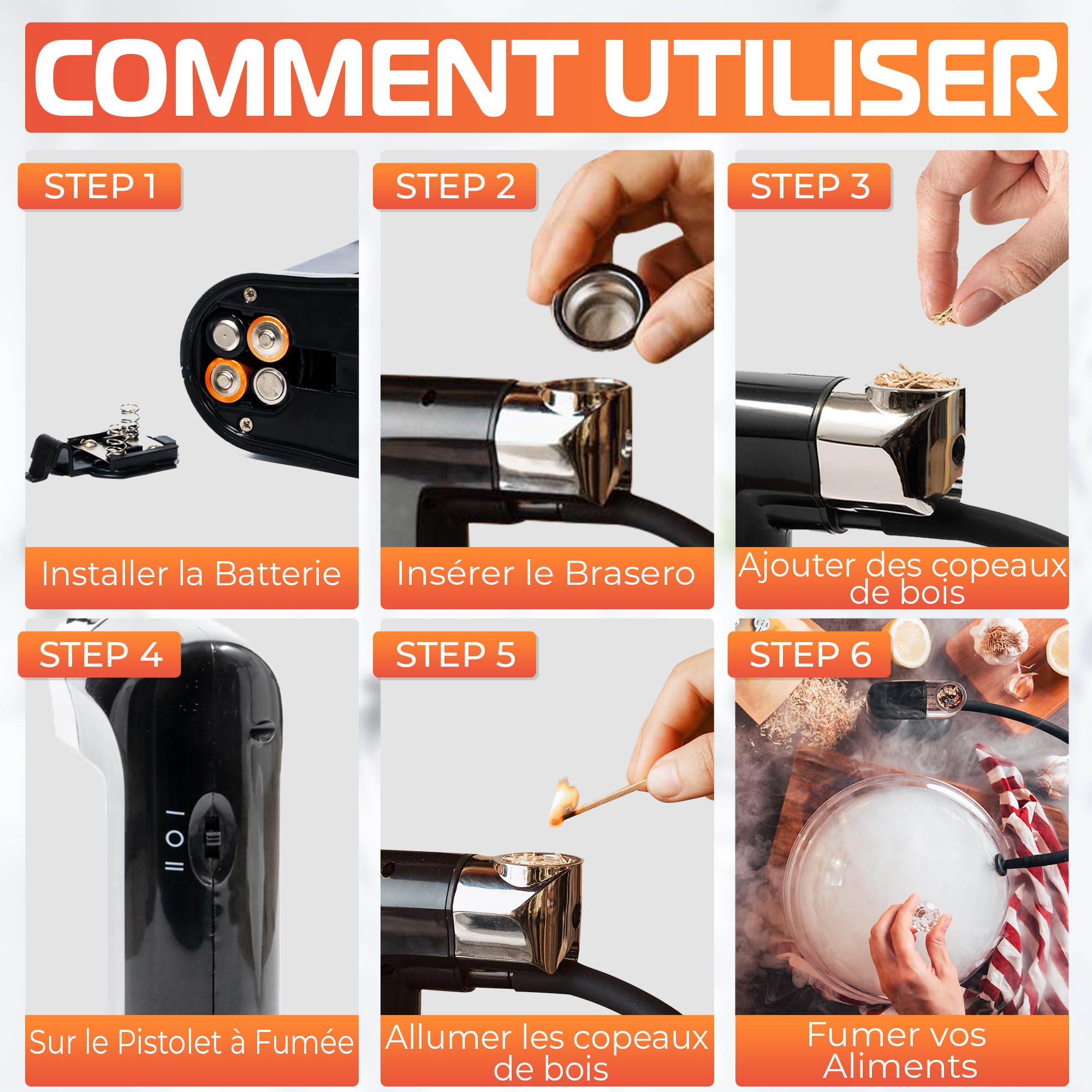 BWAY Fumoir a Froid – Pistolet Fumée Professionnel avec 3 Sachets de Copeaux de Bois et eBook 20 Recettes