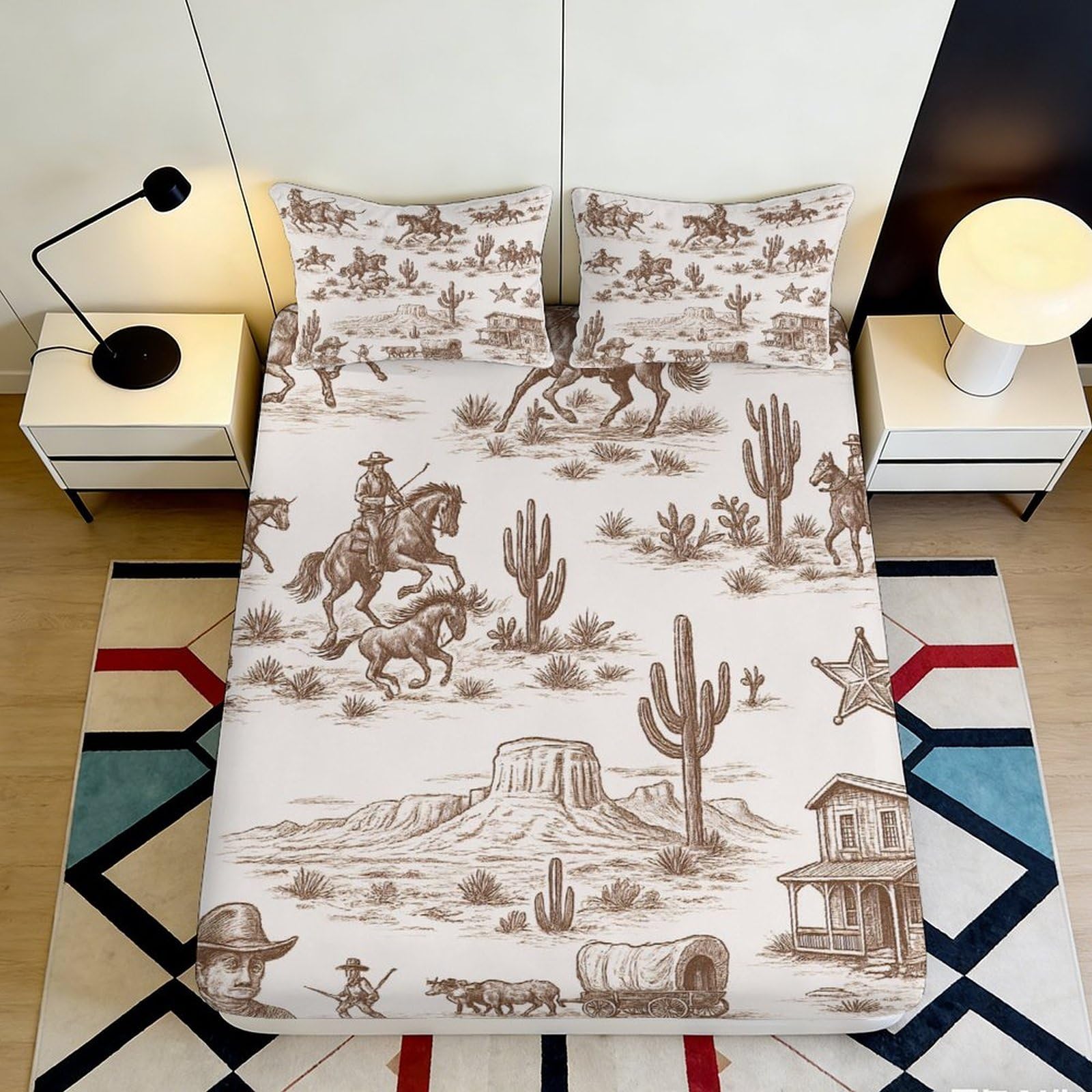 3D Printed Cowboy Western Fitted Sheet Microfiber Soft Brown Desert Scene Bed Cover for Bedroom Guest Room Decor 200x200x25cm