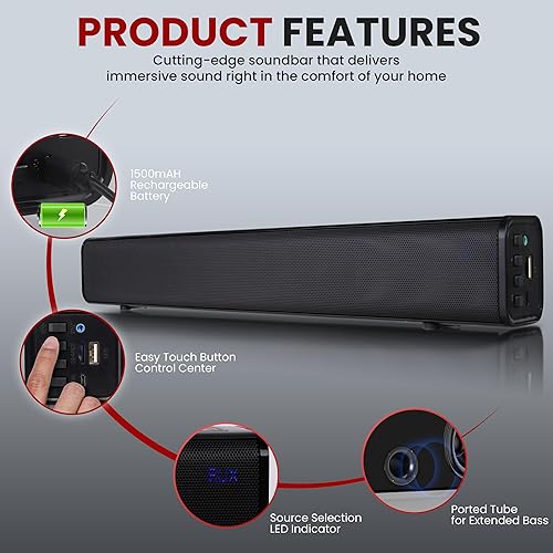 Miniatura 5 de Pyle Altavoz de barra de sonido de cine en casa con Bluetooth - Base de onda para transmisión de mesa Soporte de mesa Sistema digital de TV con