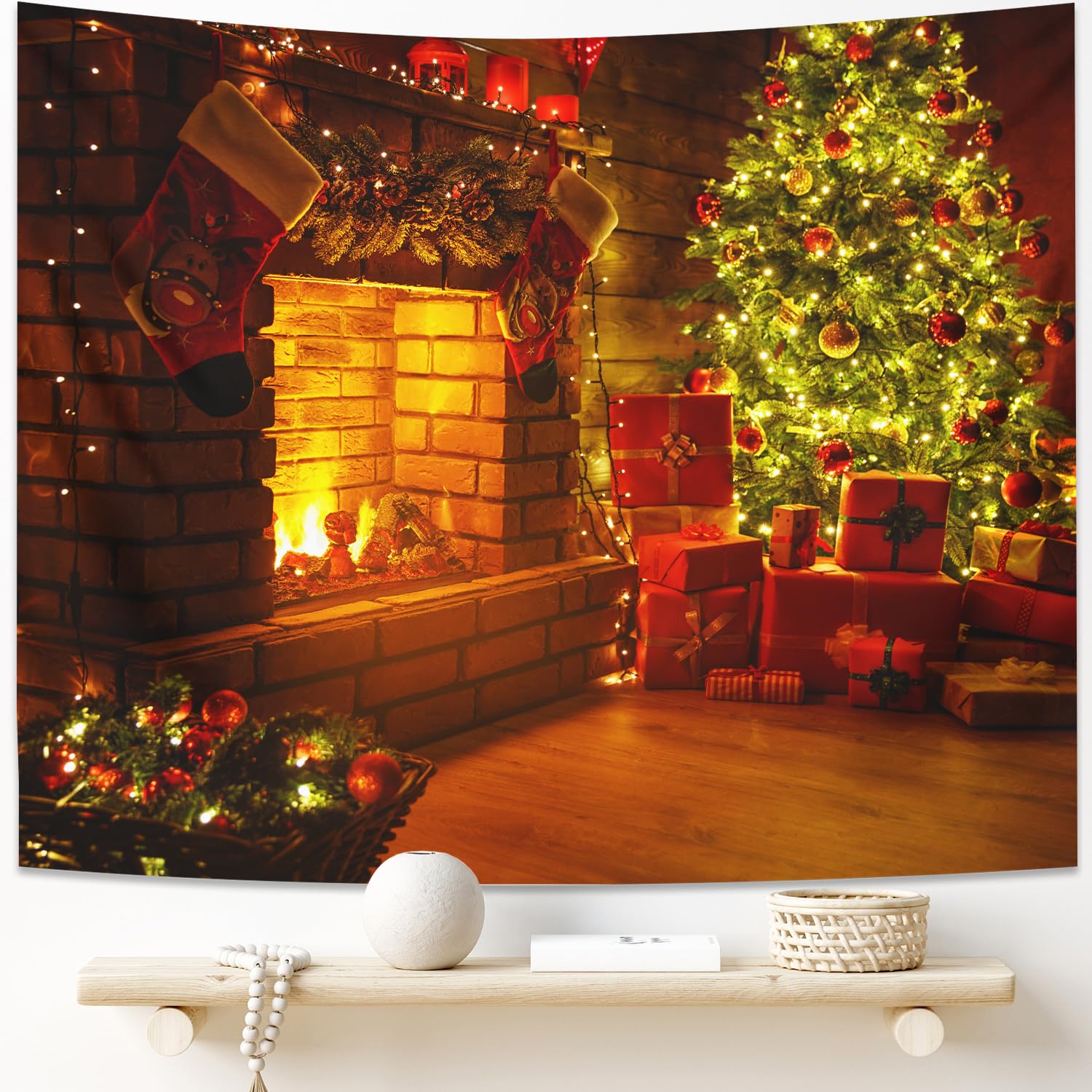 floraland Christmas Tapestry Wall Hanging Christmas Tree Fireplace Tapestry Wall Art for Home Bedroom Bathroom (51.2x59.1 Inches, 130x150 cm)