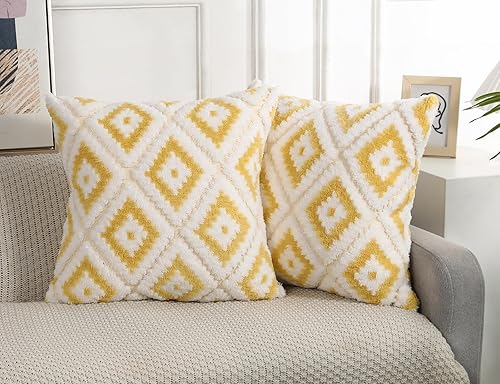 Miniatura 1 de Fundas de almohada bohemias de piel sintética de 16 x 16 pulgadas, color amarillo, felpa súper suave, mullida, decorativa, patrón de tablero de
