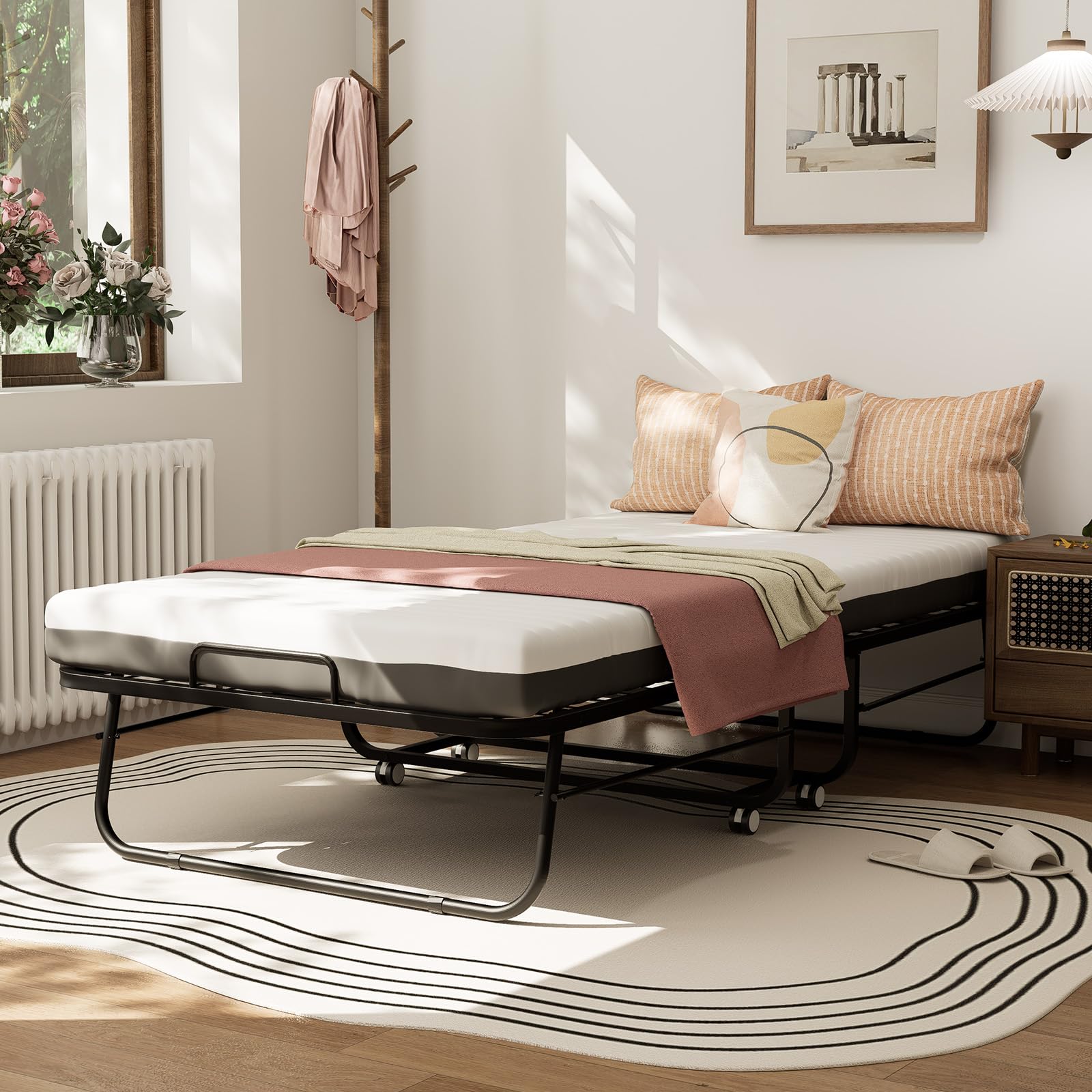 Klappbett 80x190 cm Erwachsene mit ca.13 cm Matratze aus Gedächtnisschaum Gästebett Klappbar Metallrahmen Klappbetten mit Rollen Reisebett Faltbares Metallbett Stabil bis 210 kg belastbar