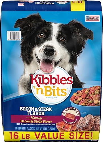 Kibbles 'n Bits Alimento seco para perros, sabroso sabor a tocino y bistec para perros adultos, bolsa de 16 libras