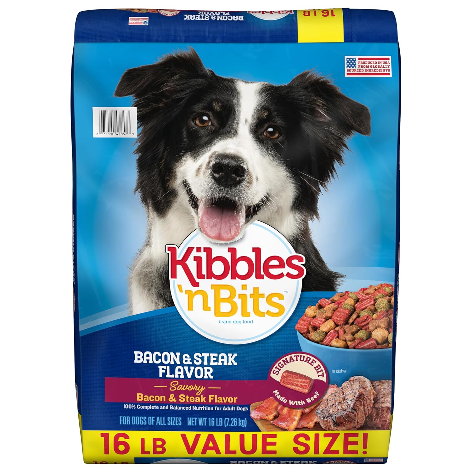 Kibbles n Bits Dry Dog Food Savory Bacon Steak Flavor for Adult Dogs 16 lb Bag