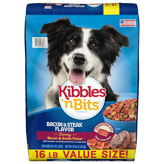 Kibbles n Bits Dry Dog Food Savory Bacon Steak Flavor for Adult Dogs 16 lb Bag