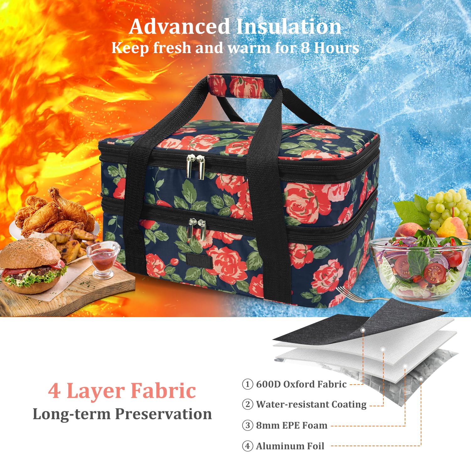 Bolsa de transporte expandible para cacerola, bolsa de alimentos de dos pisos, aislada, para alimentos fríos o calientes, bolsa para lasaña para picnics, playas, viajes o regalos