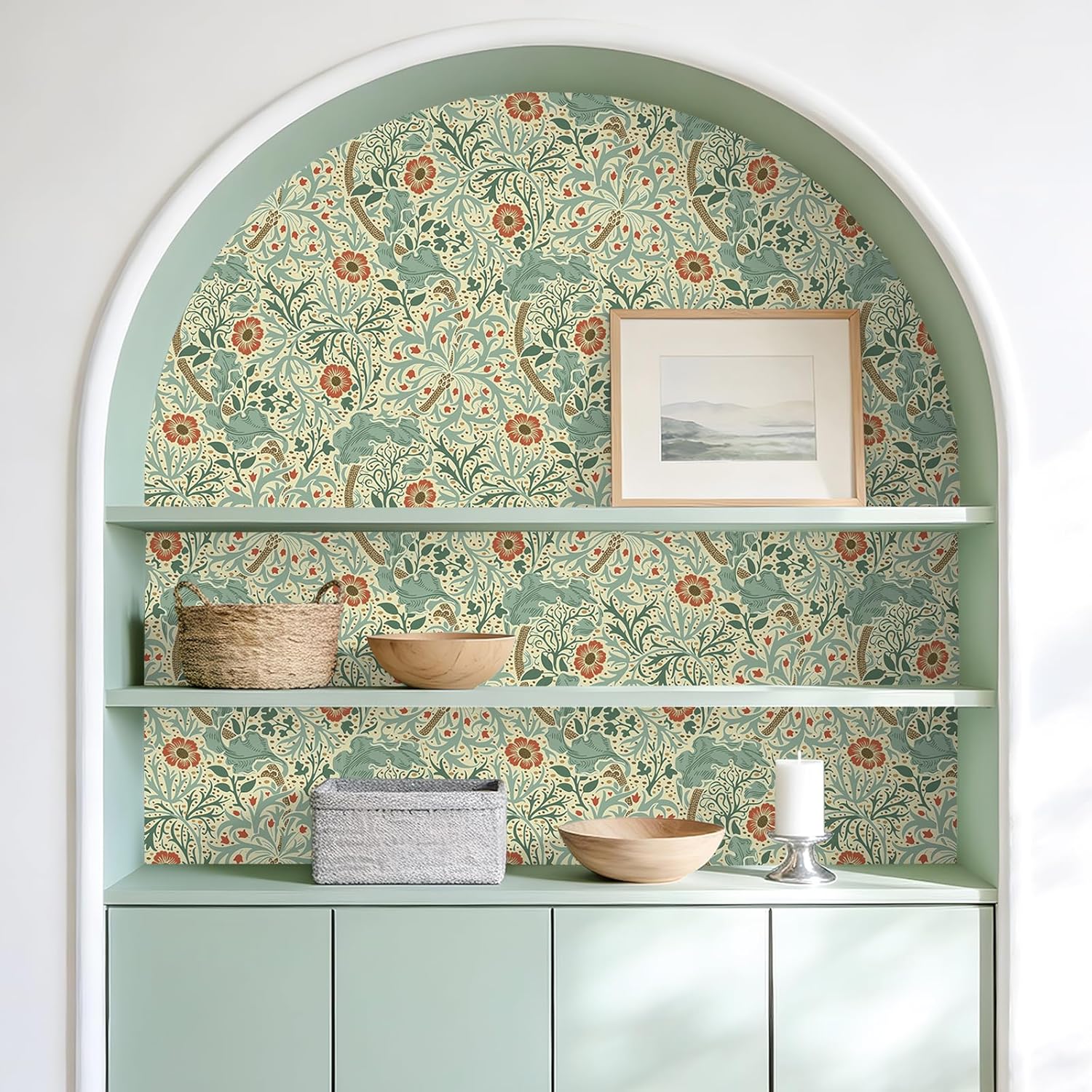 VEELIKE Cottage Cream Seaweed Floral Wallpaper Peel and Stick Vintage William Morris Wallpaper 17.7''x354'' Removable Self Adhesive Contact Paper Flower Wall Covering for Bedroom Bathroom Furniture