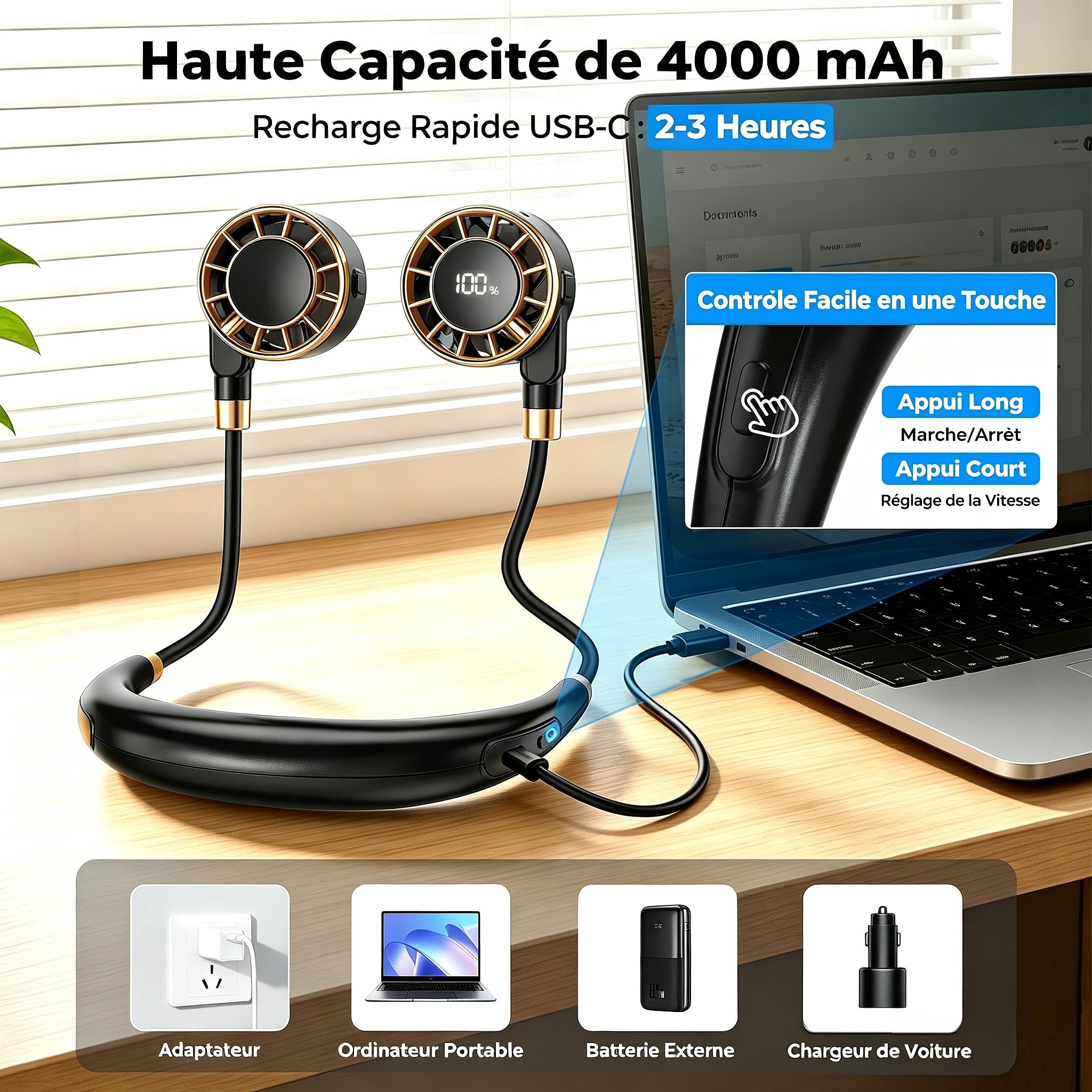 Ventilateur de Cou, 4000mAh USB Ventilateur de Cou Portable avec 6 Vitesses, Ventilateur Cou à Double Tête & Flux d’Air 360°, Ultra-Léger, Mains Libres pour Bureau, Voyage, Trajet, Extérieur, Cuisiner