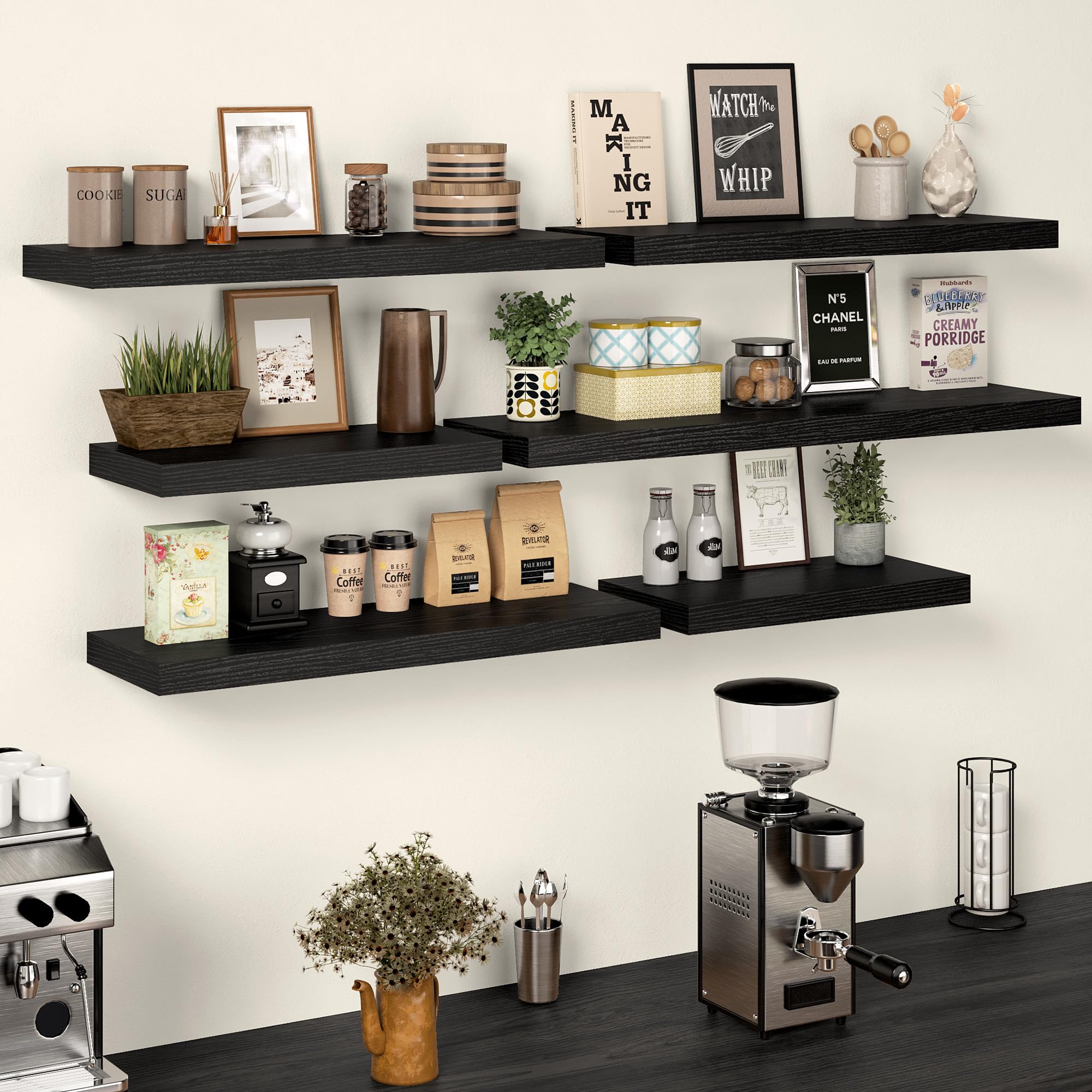 Extra Tiefes 29,5 cm Wandregal Holz, 90cm Lang Wandboard Schwarz 2er Set, Schweberegal aus MDF Holz, Regal Wand für mehr Stauraum, Regalbrett für Küche, Wohnzimmer, Schlafzimmer, Badezimmer & Büro