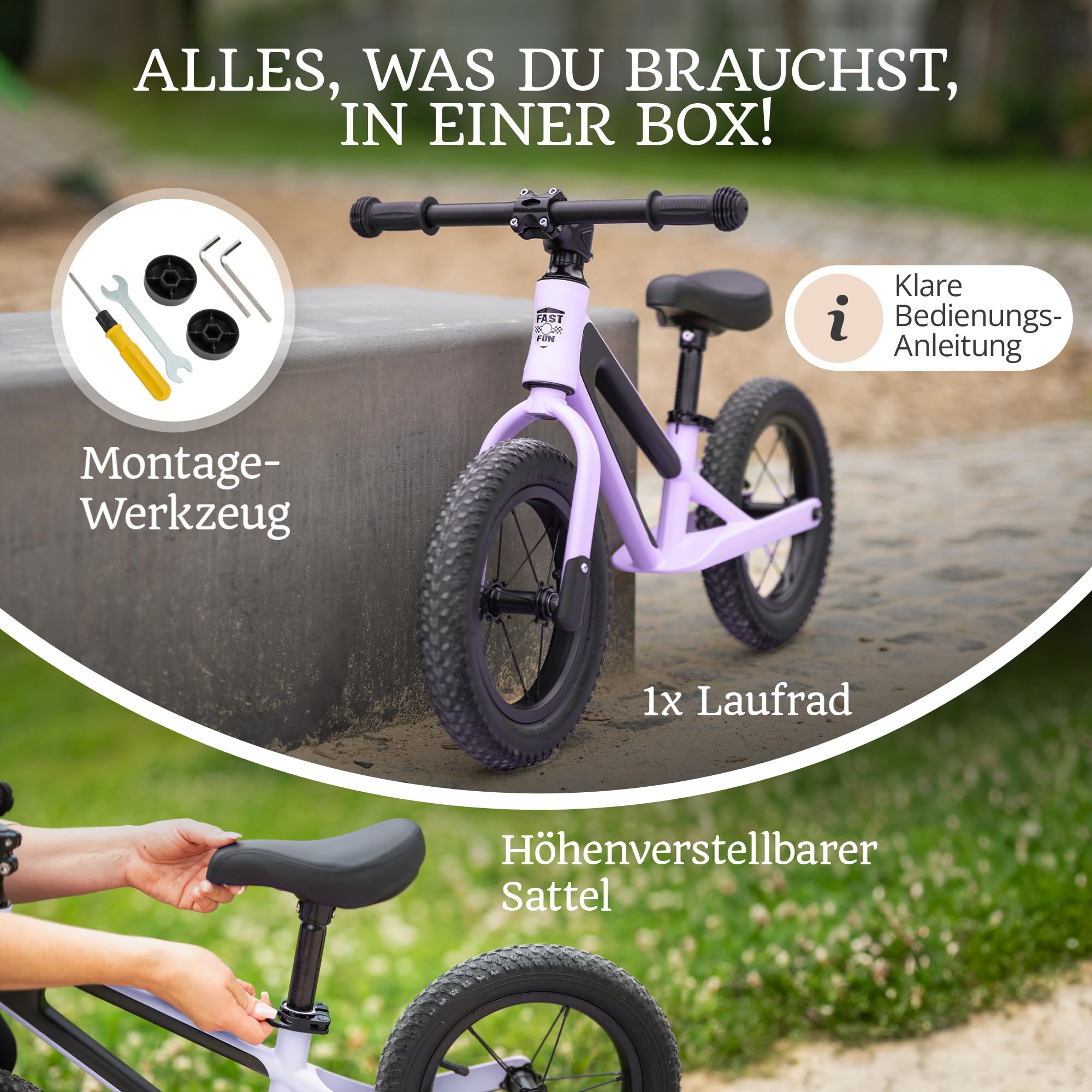 Laufrad ab 2 Jahre bis 50kg Kinderfahrrad Laufräder | Balance Bike 12" Tragegriff Fußstütze ergonomischer Sitz [höhenverstellbar] Luftreifen Lauflernrad Outdoor Spielzeug Fahrrad Kinder