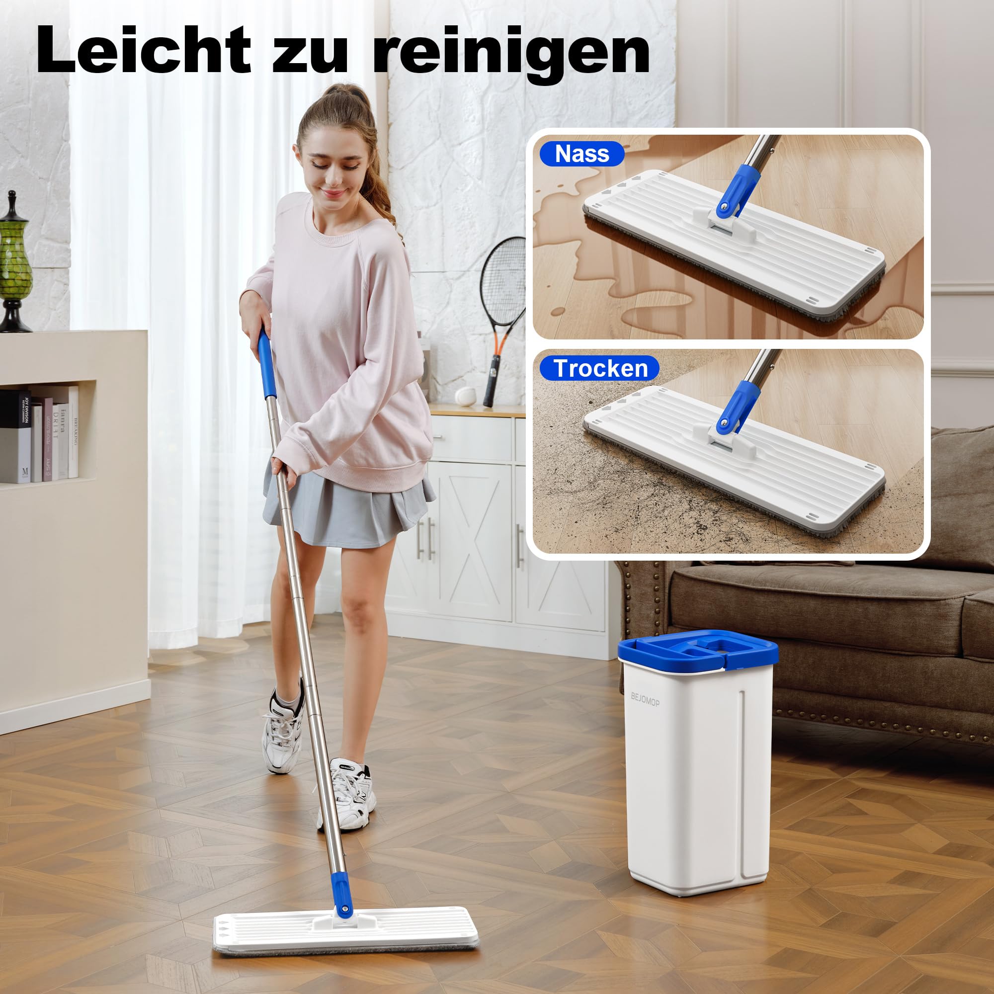 Wischmopp und Eimer Set mit Auswringer, Schieferblau Flach Squeeze Spin Wall Mop Cleaner mit langem Griff, Trocken & Nass Staubwischer für Haushalt Bodenreinigung mit 3 Mikrofaser Mops