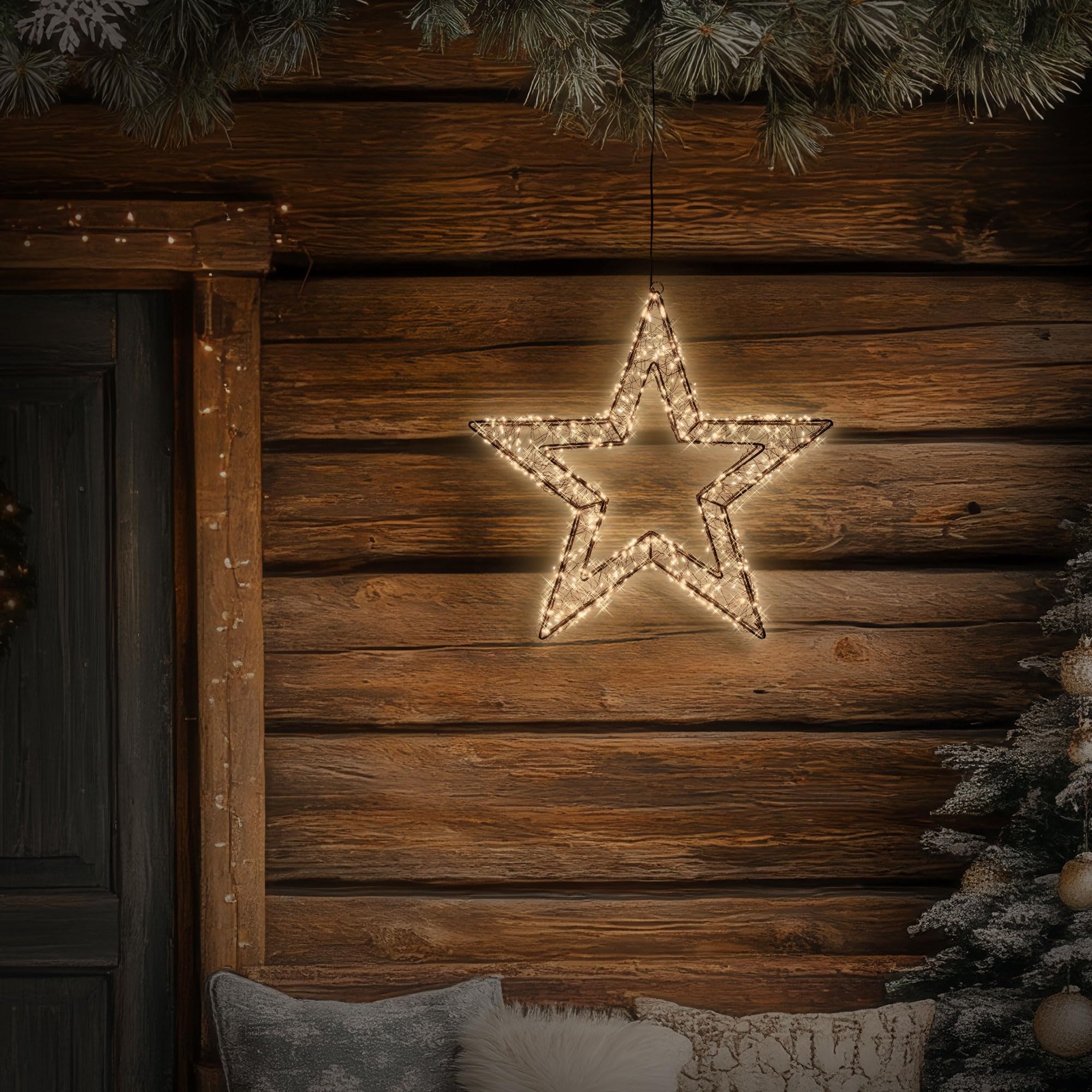 ECD Germany LED-Weihnachtsstern 38 cm, 500 LEDs Extra-Warmweiß, Timer, Innen/Außen, IP44 Wasserdicht, Leuchtstern aus Metall, LED Drahtstern zum Aufhängen für Weihnachten, Weihnachtsdeko Fensterdeko