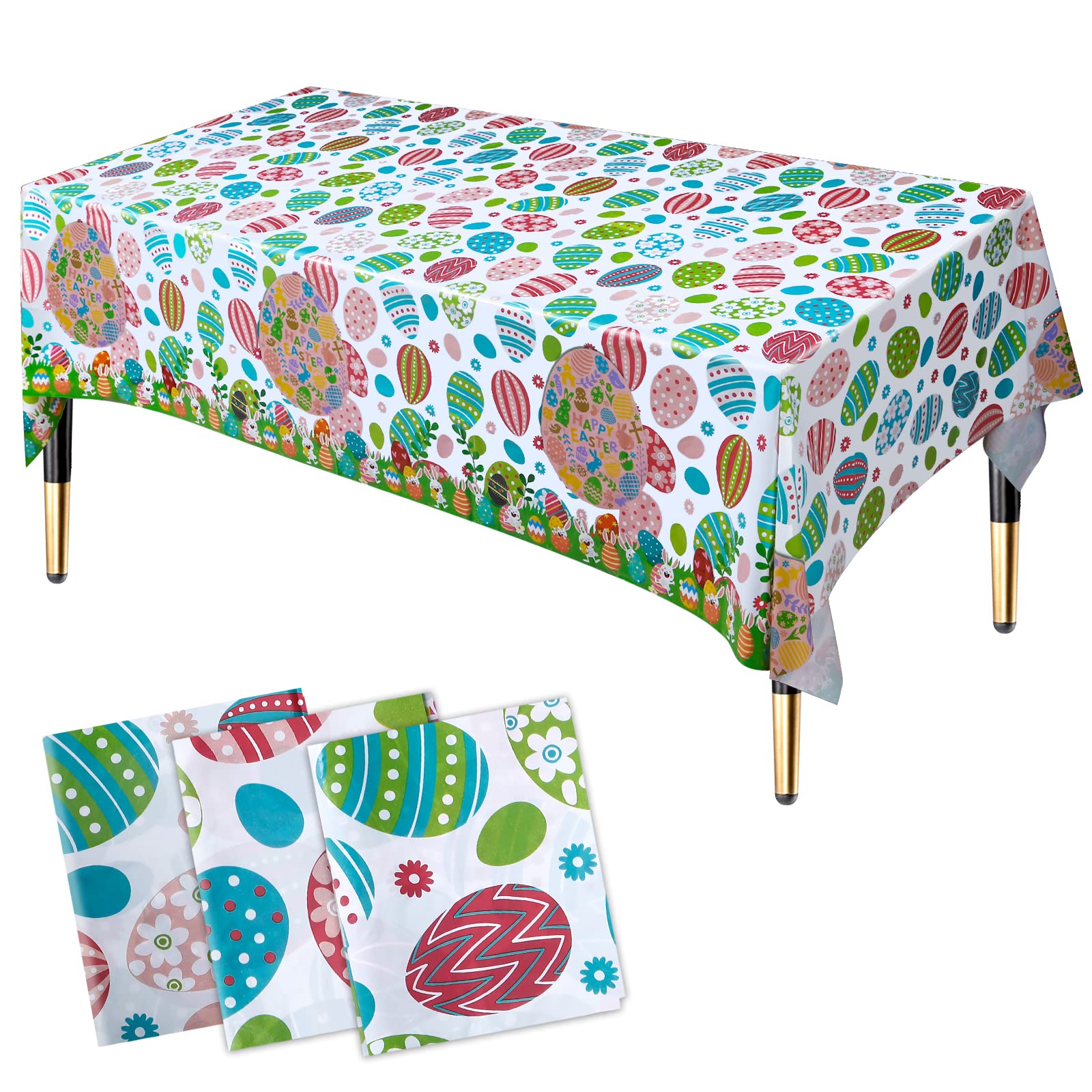 HHLCWA 3 Pack Easter Egg Party Tablecloths,Colorful Eggs Plastic Table Cover for Birthday Party Decorations, 86.6 x 51.2in(Easter Day)
