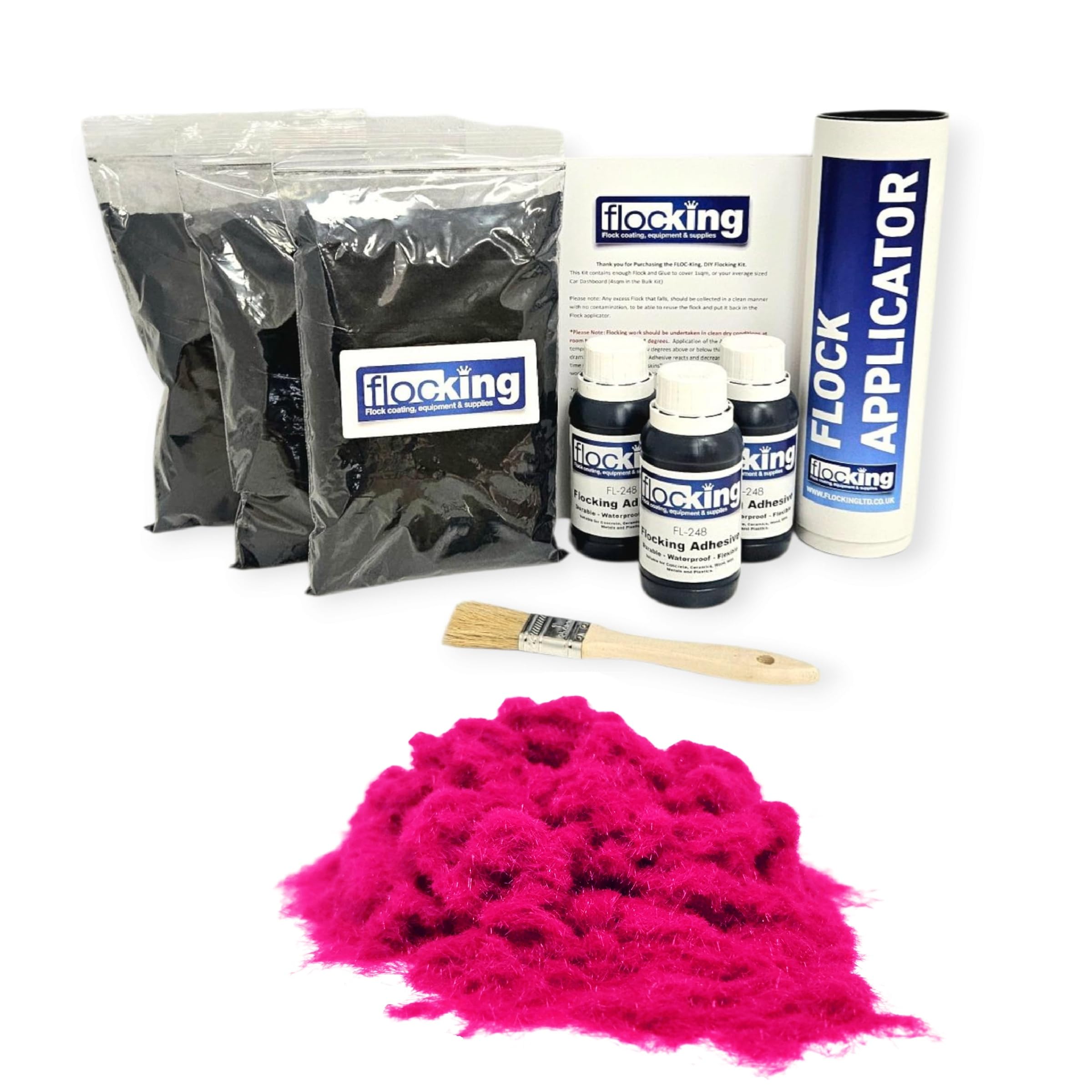 FLOC-KING Triple Flocking Kit for Car Dashboards & Interiors - Professional DIY Flock Application Set - Includes 3sqm Nylon Fibres, Adhesive & Applicator (Hot Pink)