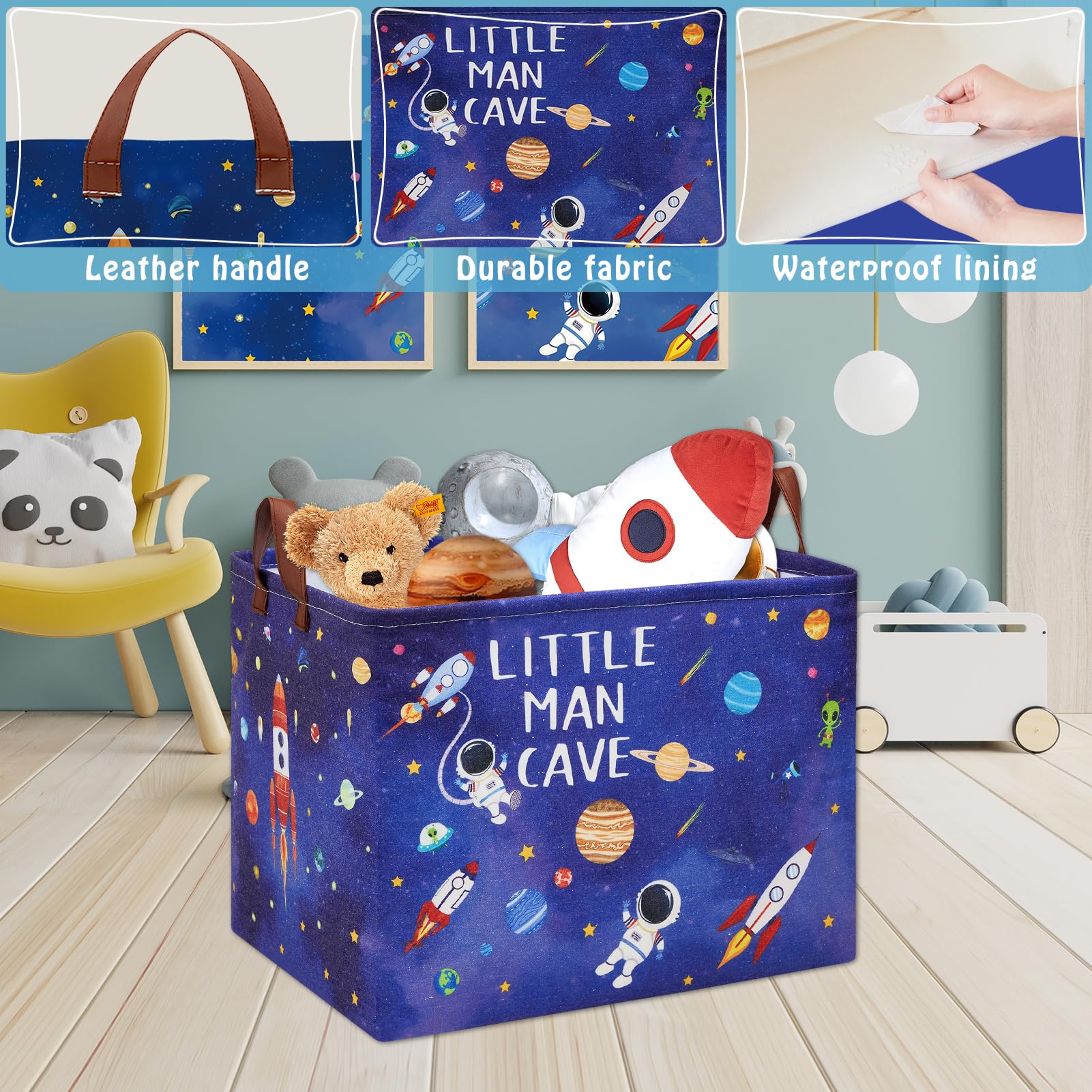 Cesta de lavandería con cohetes de astronauta, cesta de almacenamiento espacial con citas inspiradoras, caja de juguetes para decoración de habitación de niños, caja de juguetes rectangular para 4