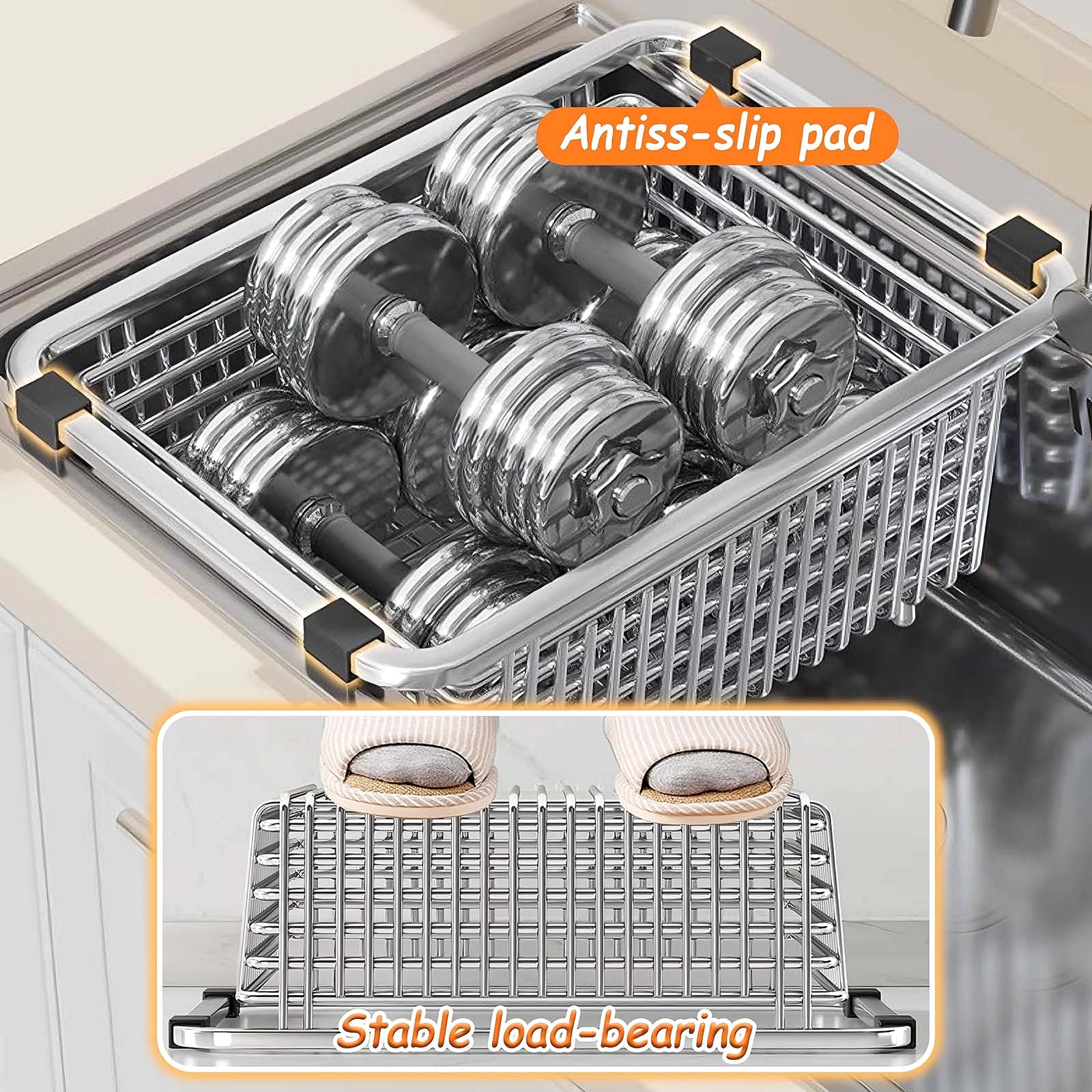 Abtropfgestell Geschirr Klein aus Edelstahl Schwammhalter Spülbecken Schnellablauf Spüle Organizer Spültuchhalter für Küchenarbeitsplatten, Badezimmer, Schränke(43 * 23.5 * 15cm)
