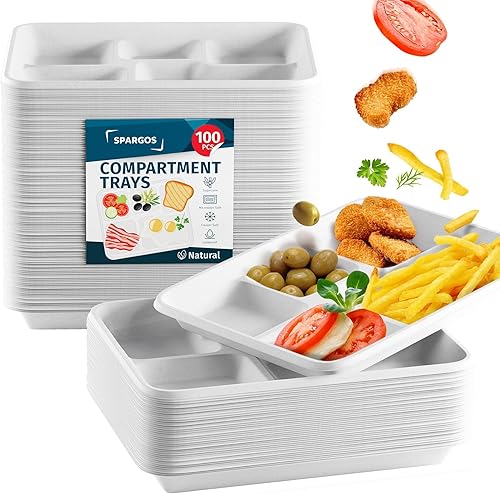 Miniatura 1 de Bandejas desechables de 5 compartimentos resistentes (paquete de 100) de 12.50 x 8.50 pulgadas, bandejas escolares de caña de azúcar, platos